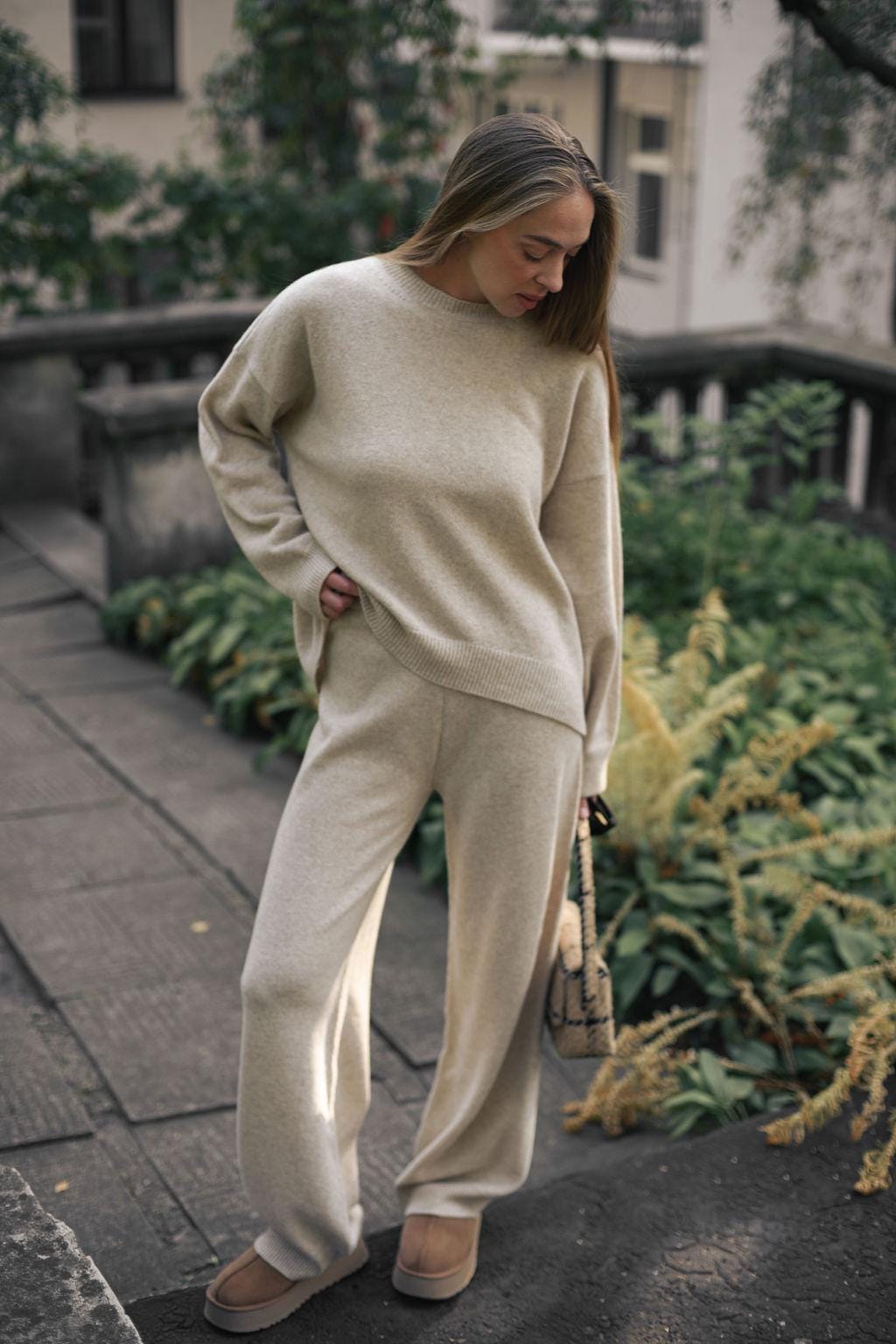 Gray knitted merino wool sweater and trousers set for women, light grey women's knit minimal lounge pullover and pants, camel loungewear