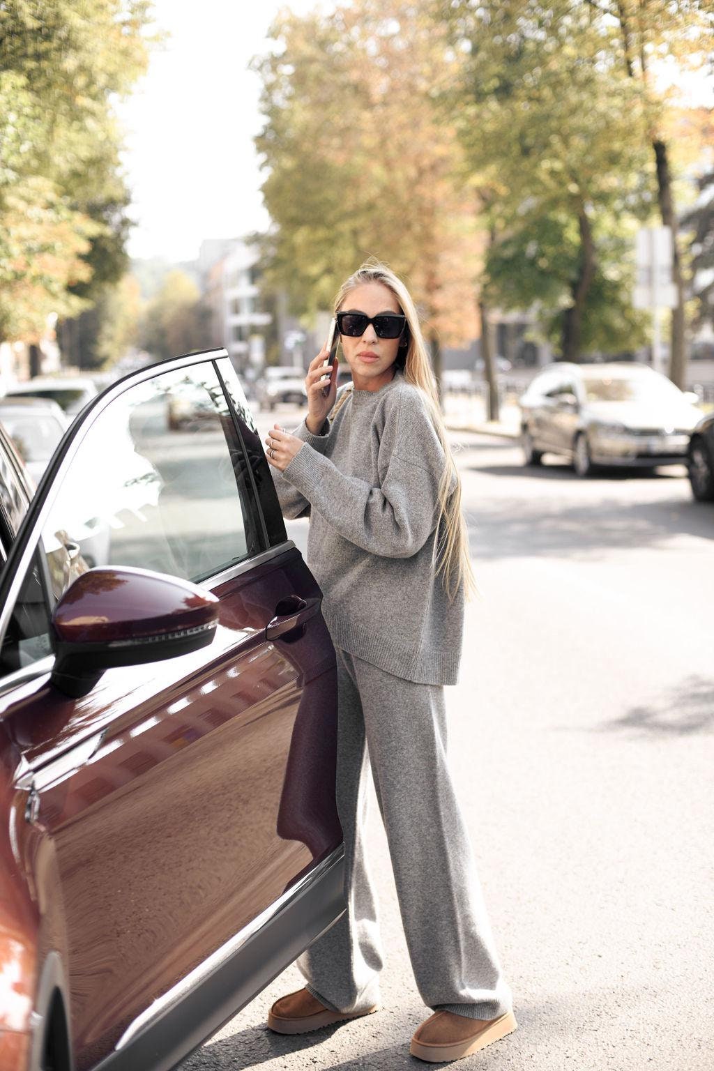 Gray loungewear knitted merino wool wide leg pants for women, grey lounge petite and tall knit high waisted women&#39;s trousers, relaxed fit