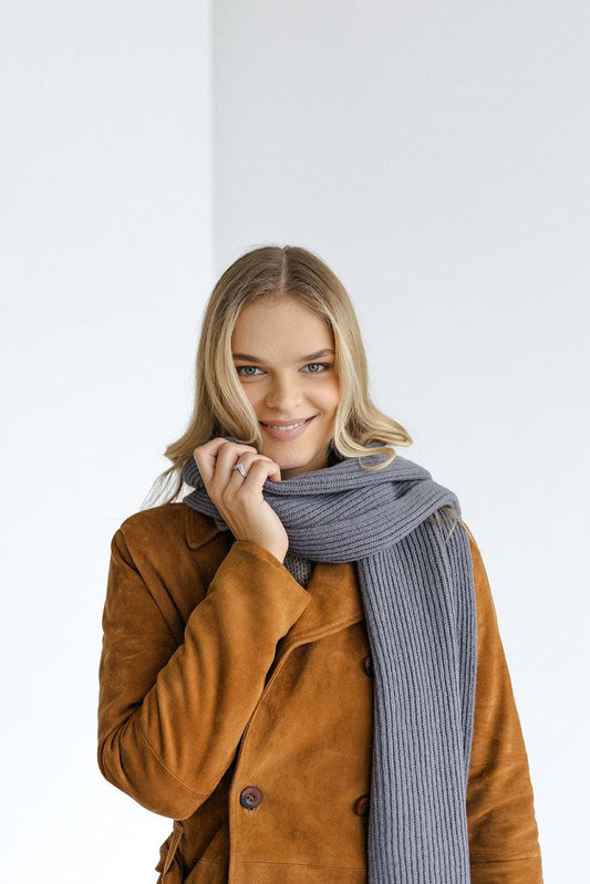 Gray knitted merino wool and cashmere women&#39;s scarf, ash grey ribbed knit minimalist fall winter wrap, dark gray classy unisex blanket scarf