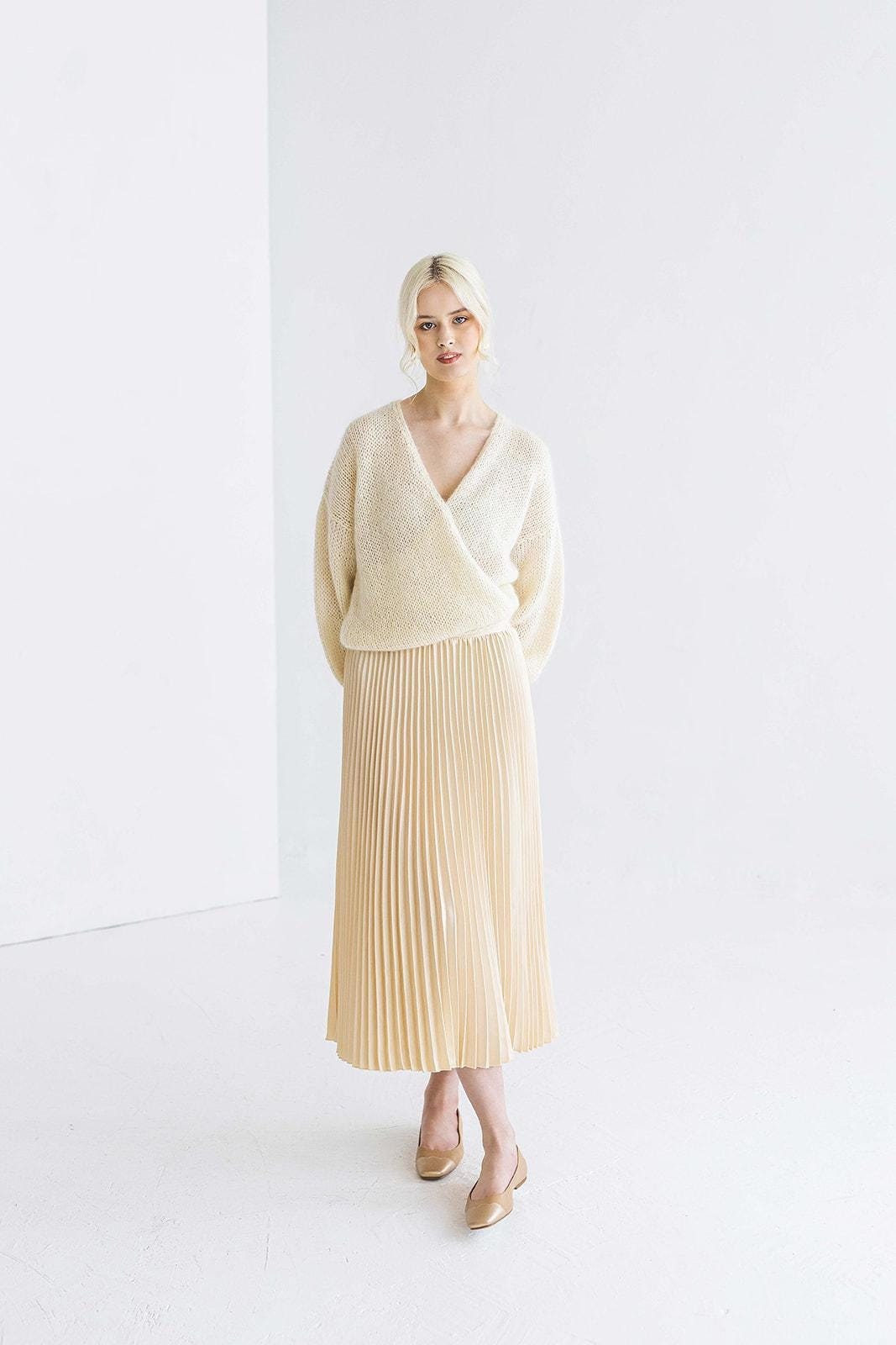 White cable knitted fluffy mohair cardigan, milky fuzzy wedding sweater with the belt, short fall chunky knit thick V neck jacket for bride