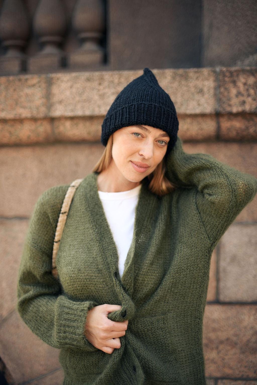 Black Chunky Knit Winter Wool Hat For Woman, Cable Knitted Woolen Grey Unisex Beanie, Handmade gift