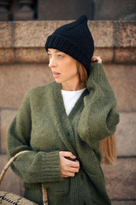 Black Chunky Knit Winter Wool Hat For Woman, Cable Knitted Woolen Grey Unisex Beanie, Handmade gift