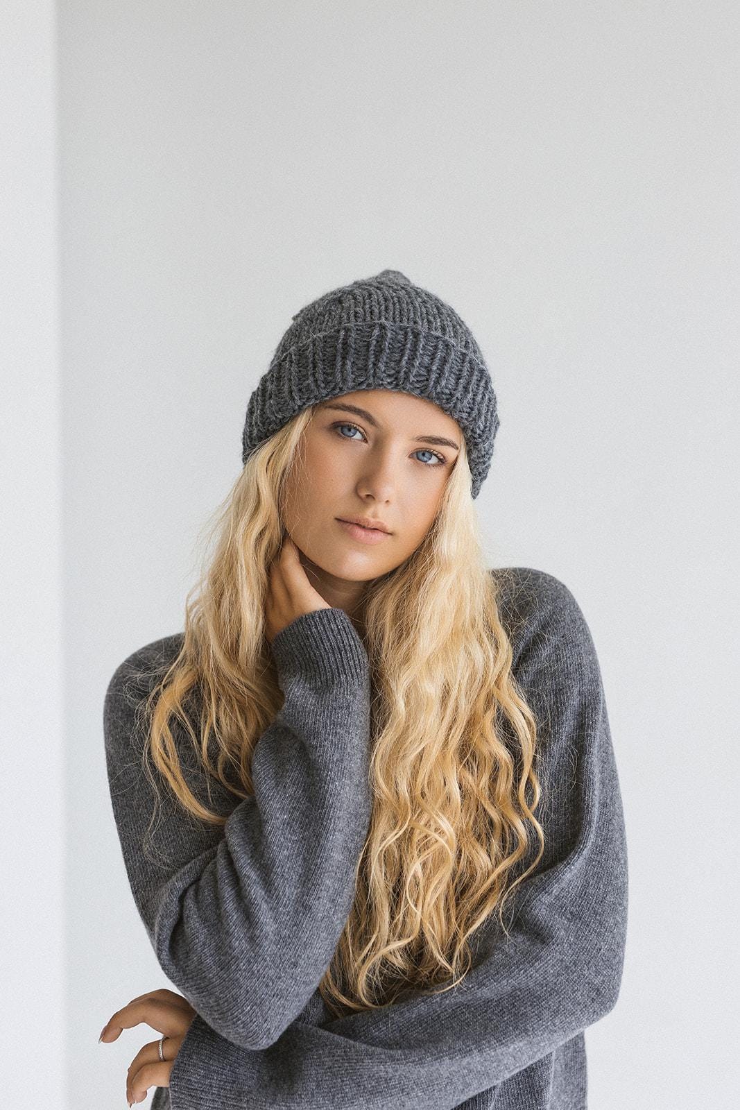 Black Chunky Knit Winter Wool Hat For Woman, Cable Knitted Woolen Grey Unisex Beanie, Handmade gift