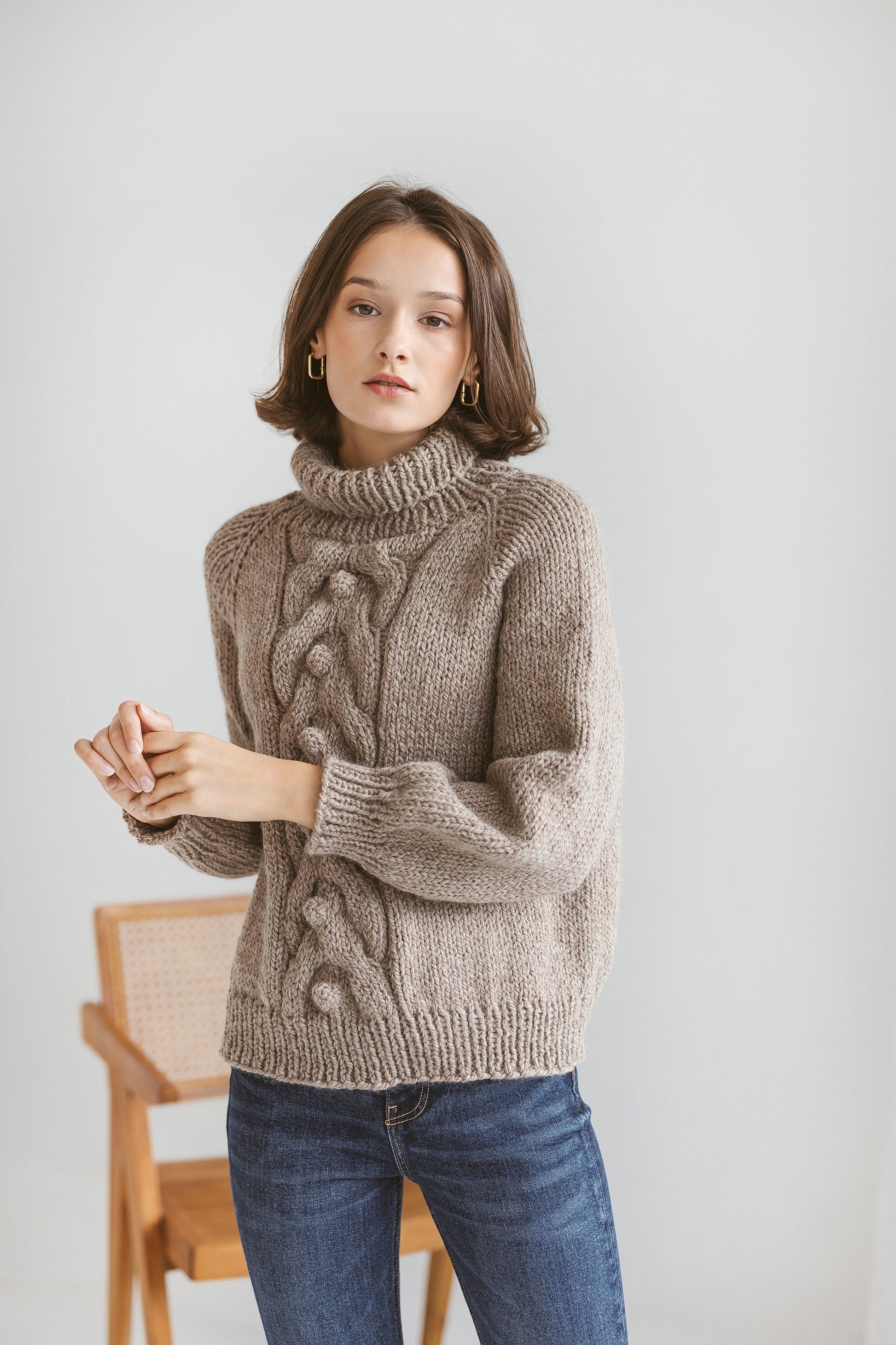 Chunky knit camel beige turtleneck alpaca wool sweater, brown cable knitted women's pullover, taupe roll neck hand made jumper with braid