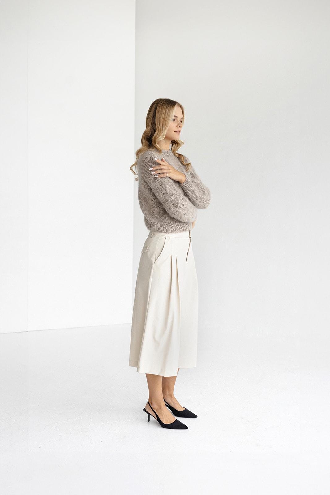 Sand mohair high waste knitted sweater, beige cropped alpaca wool blend jumper, camel fluffy crop cable knit pullover, fuzzy short chunky