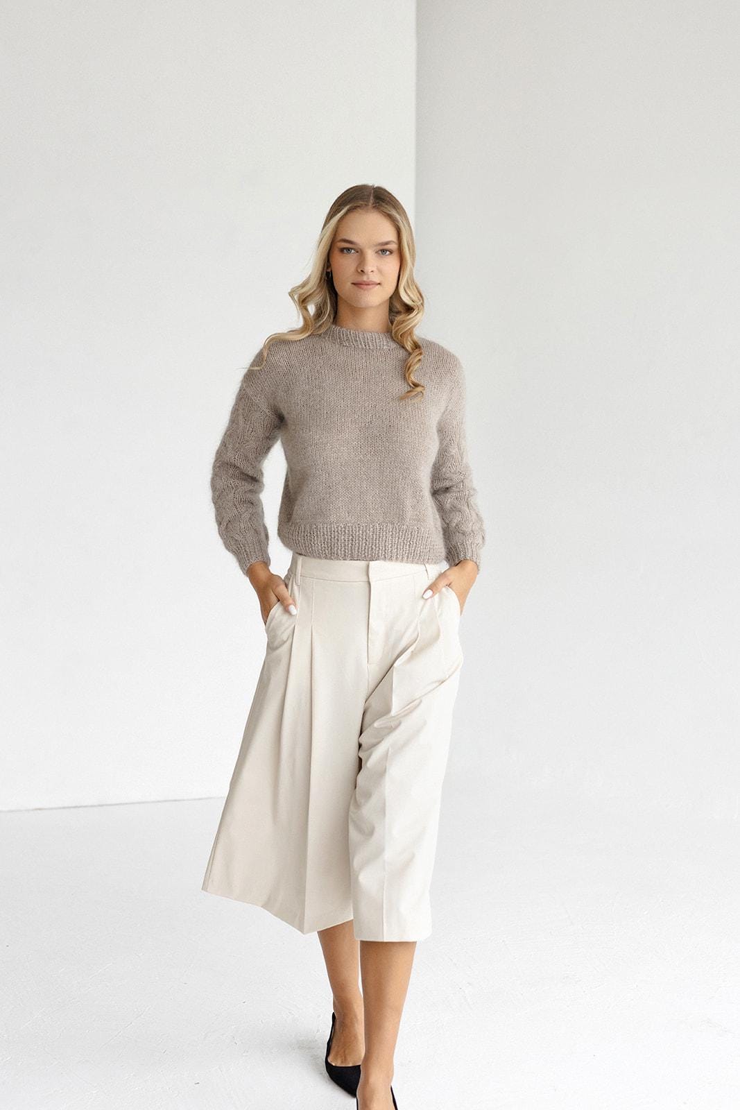 Sand mohair high waste knitted sweater, beige cropped alpaca wool blend jumper, camel fluffy crop cable knit pullover, fuzzy short chunky