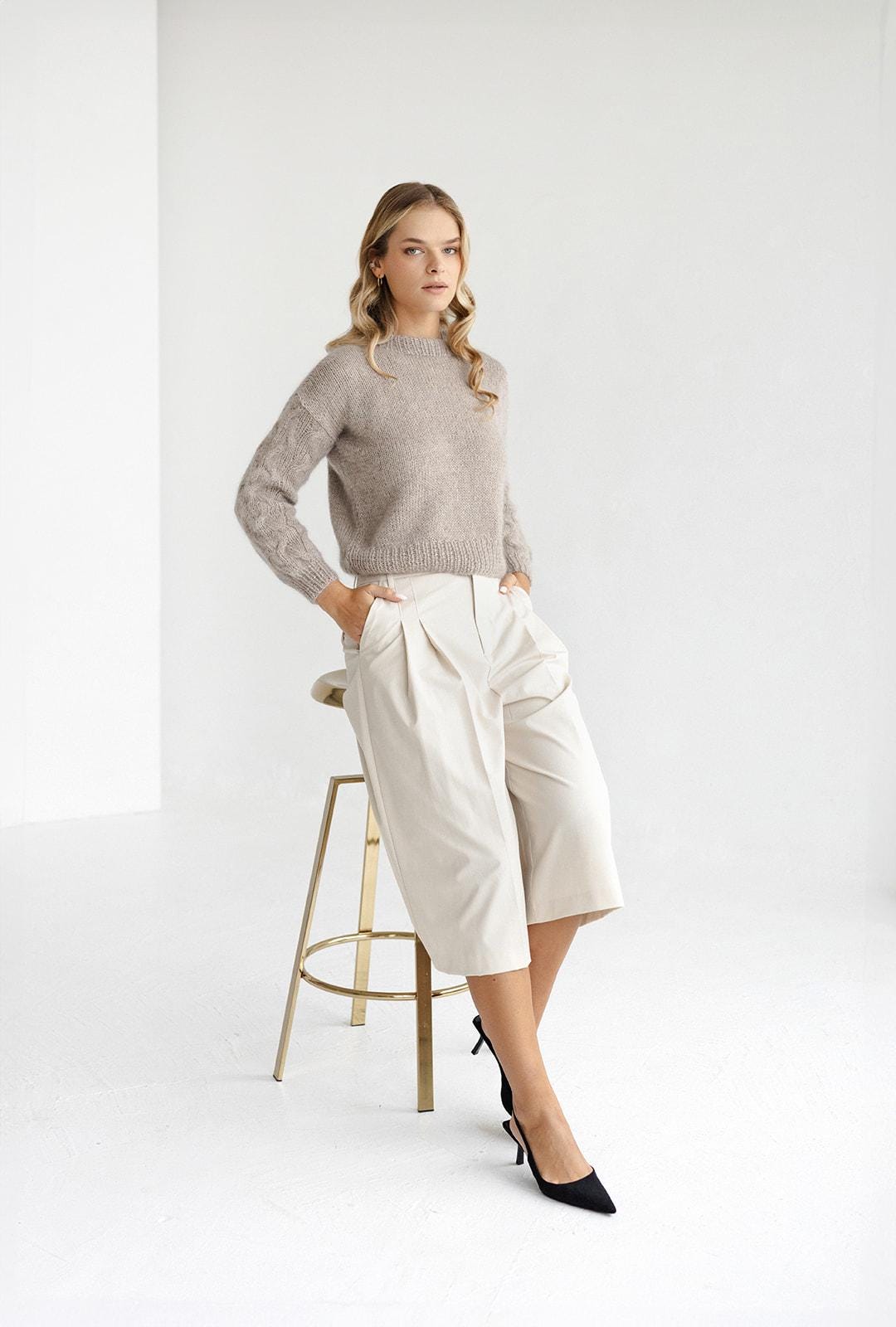 Sand mohair high waste knitted sweater, beige cropped alpaca wool blend jumper, camel fluffy crop cable knit pullover, fuzzy short chunky