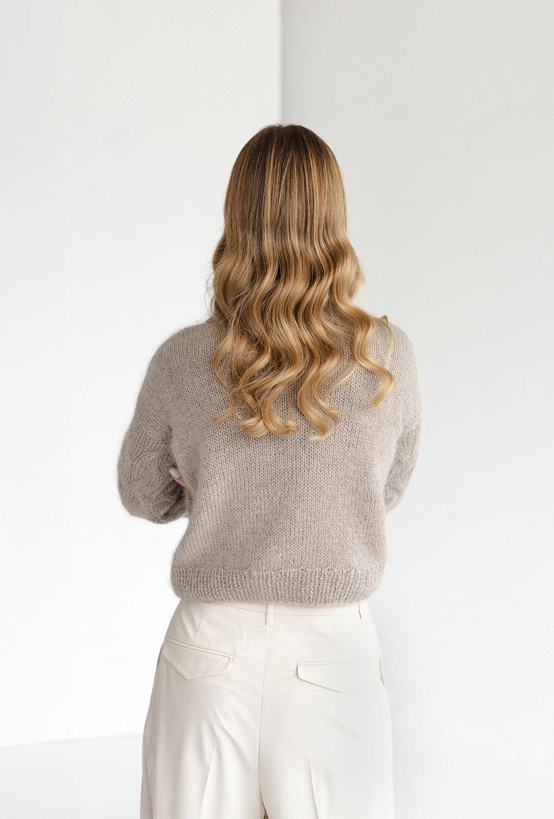 Sand mohair high waste knitted sweater, beige cropped alpaca wool blend jumper, camel fluffy crop cable knit pullover, fuzzy short chunky