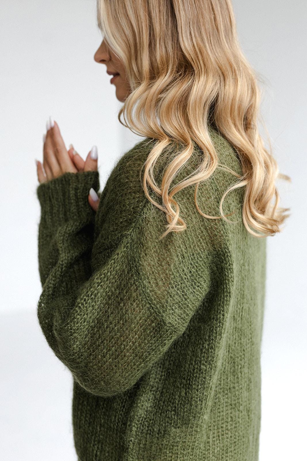 Green fluffy mohair cardigan with buttons and pockets