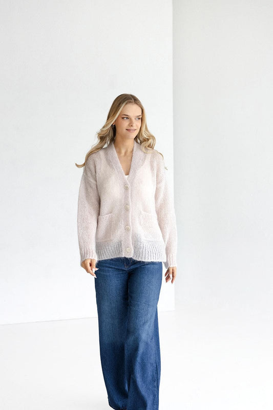Fluffy Cable Knit Mohair Cardigan With Pockets And Buttons