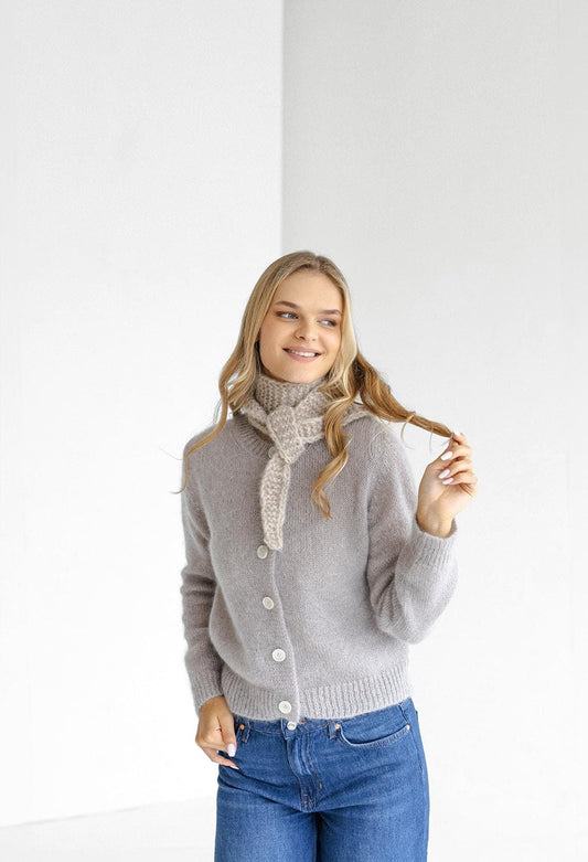 Beige cable knit short alpaca scarf, camel handmade silk blend fall neck warmer, sand winter knitted scarves, taupe unisex accessories gift