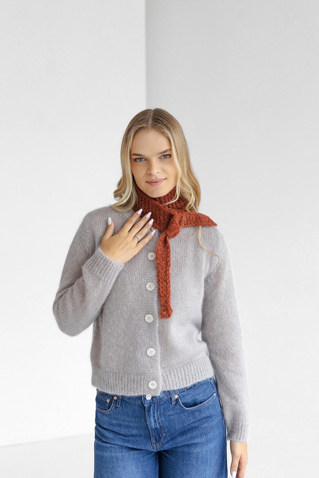 Brown cable knit short alpaca scarf, camel handmade silk blend fall neck warmer, beige winter knitted scarves, taupe unisex accessories gift