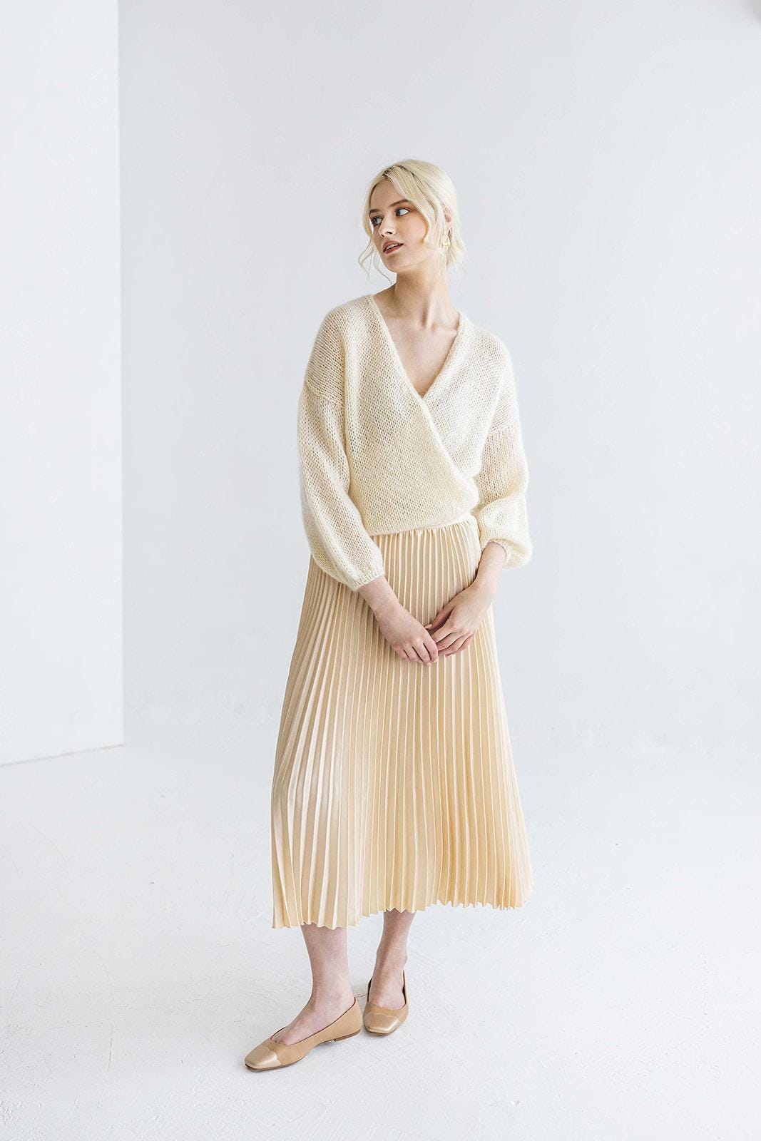 White cable knitted fluffy mohair cardigan, milky fuzzy wedding sweater with the belt, short fall chunky knit thick V neck jacket for bride