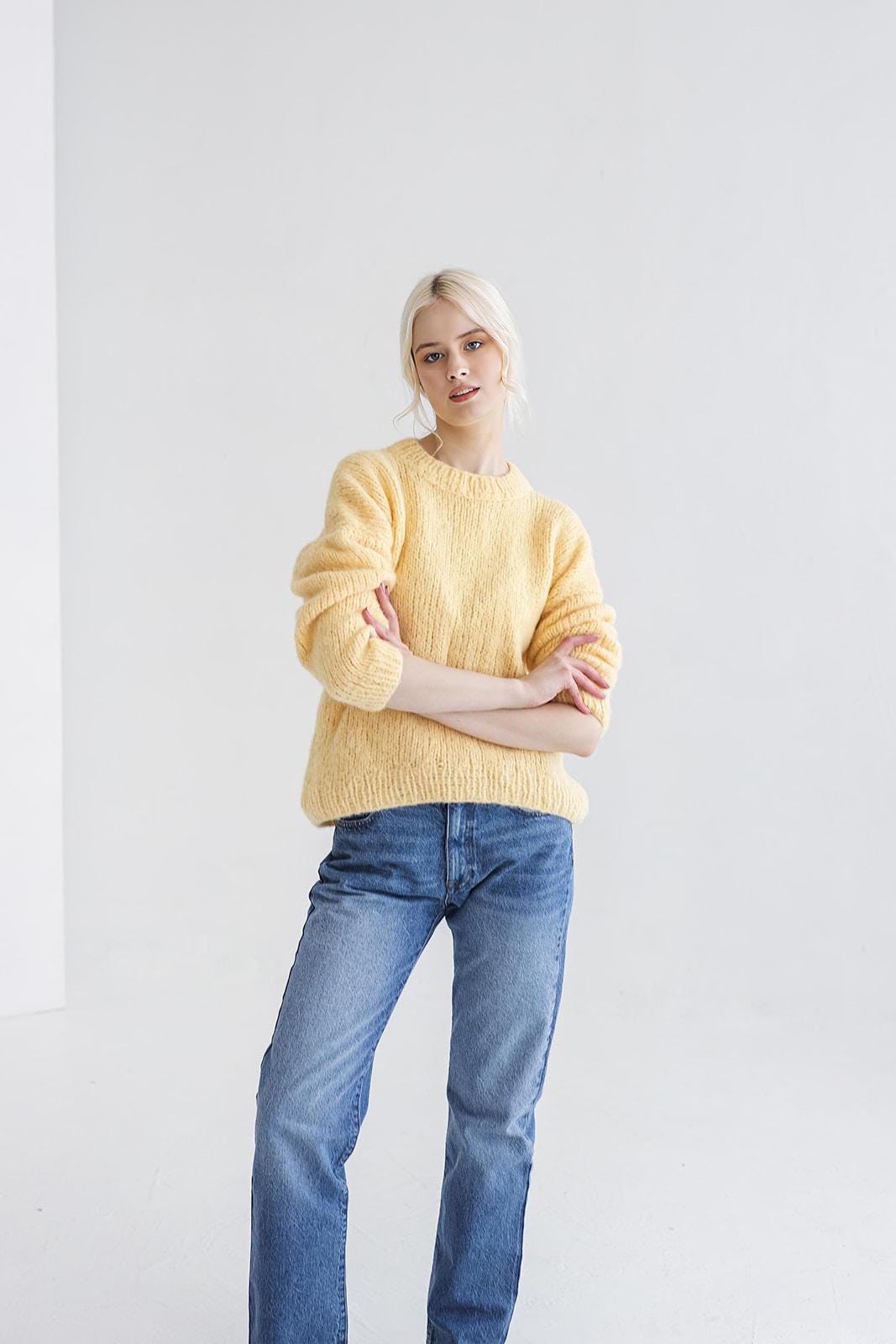 Yellow Soft Cable Knit Alpaca Relaxed Fit Jumper, Lemon Chunky Knit Wool Sweater, Handmade Monk Neck Woolen Thick Fall Pullover For Woman