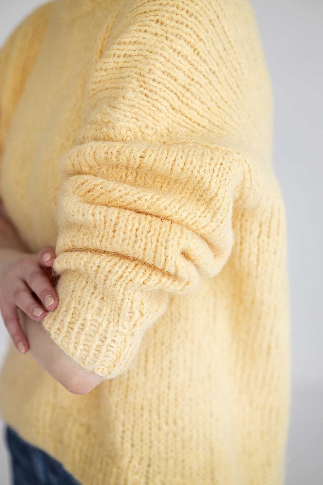 Yellow Soft Cable Knit Alpaca Relaxed Fit Jumper, Lemon Chunky Knit Wool Sweater, Handmade Monk Neck Woolen Thick Fall Pullover For Woman