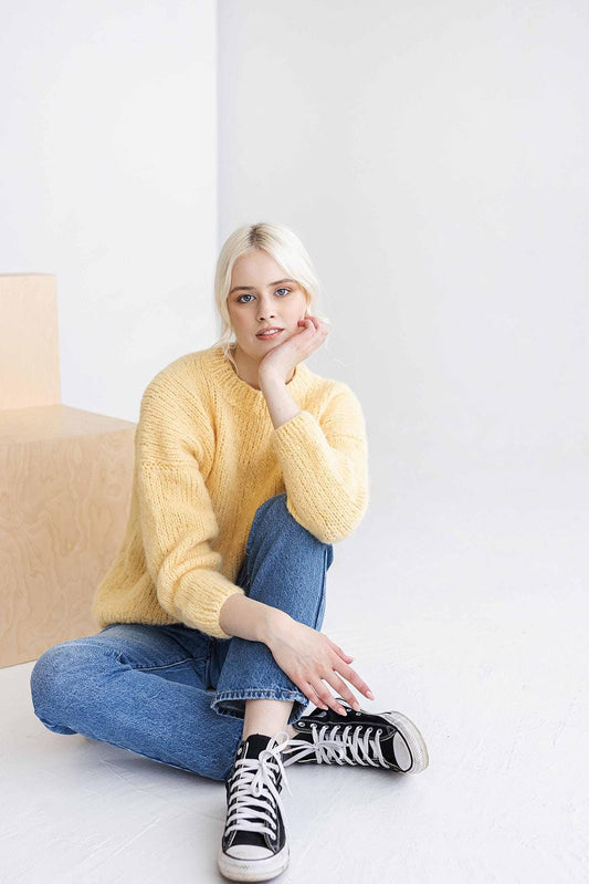 Yellow Soft Cable Knit Alpaca Relaxed Fit Jumper, Lemon Chunky Knit Wool Sweater, Handmade Monk Neck Woolen Thick Fall Pullover For Woman