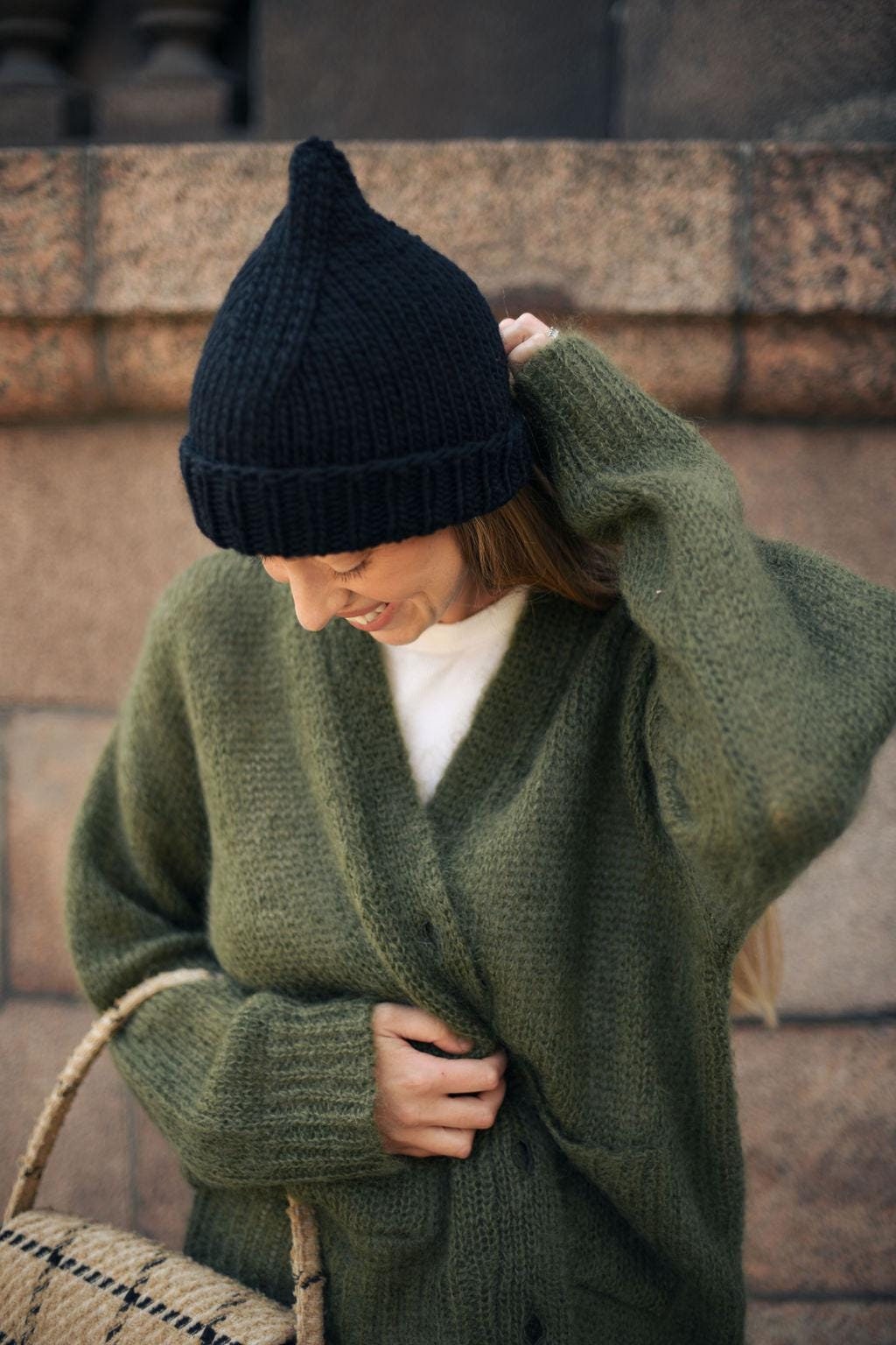 Black Chunky Knit Winter Wool Hat For Woman, Cable Knitted Woolen Grey Unisex Beanie, Handmade gift