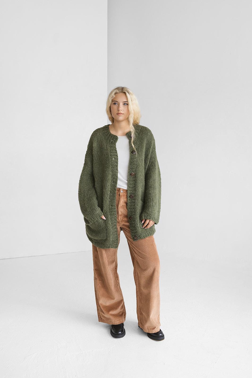 Green Handmade Alpaca Wool And Silk Cable Knit Cardigan With Buttons And Pockets, Chunky Knitted Loose Boho Sweater, Oversized Long Jacket