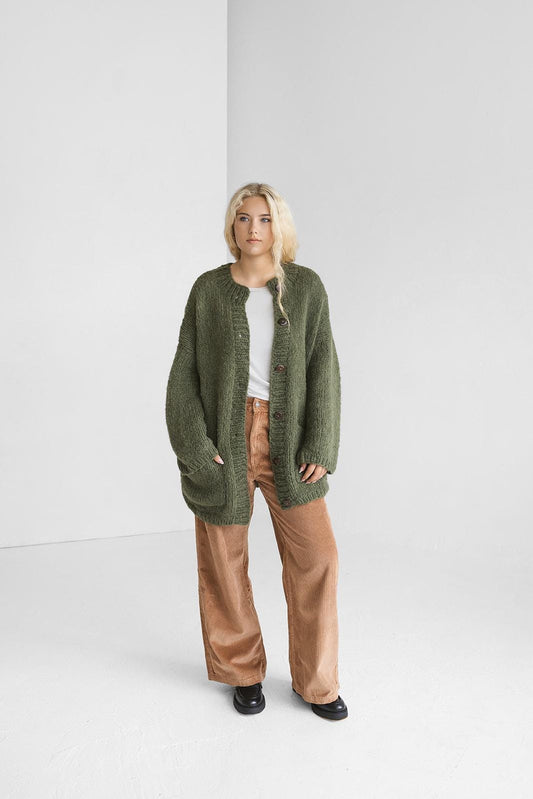 Green Handmade Alpaca Wool And Silk Cable Knit Cardigan With Buttons And Pockets, Chunky Knitted Loose Boho Sweater, Oversized Long Jacket