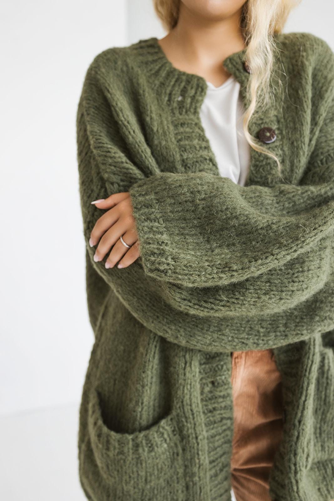 Green Handmade Alpaca Wool And Silk Cable Knit Cardigan With Buttons And Pockets, Chunky Knitted Loose Boho Sweater, Oversized Long Jacket