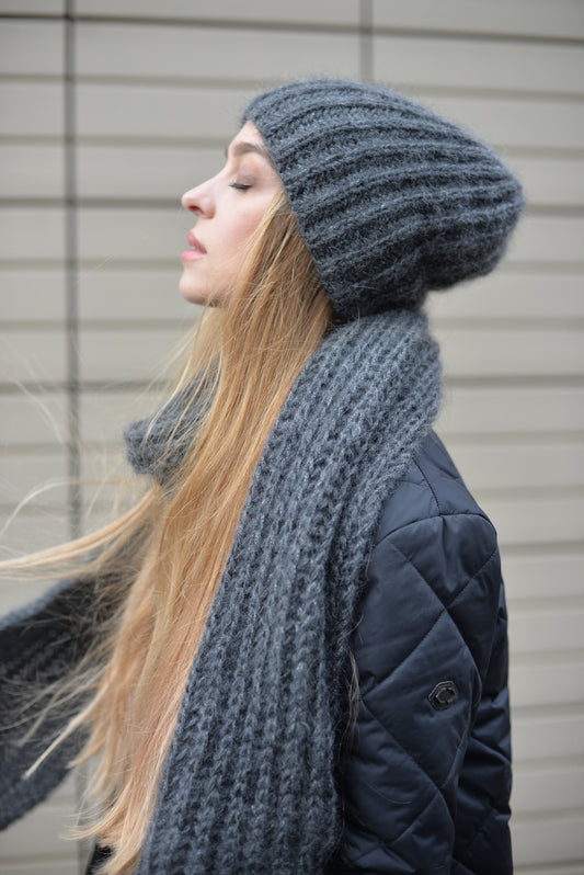 Gray knit hat and scarf set, fuzzy mohair scarf, fluffy mohair hat, alpaca slouchy beanie, knitted winter scarf, oversized scarf,chunky knit