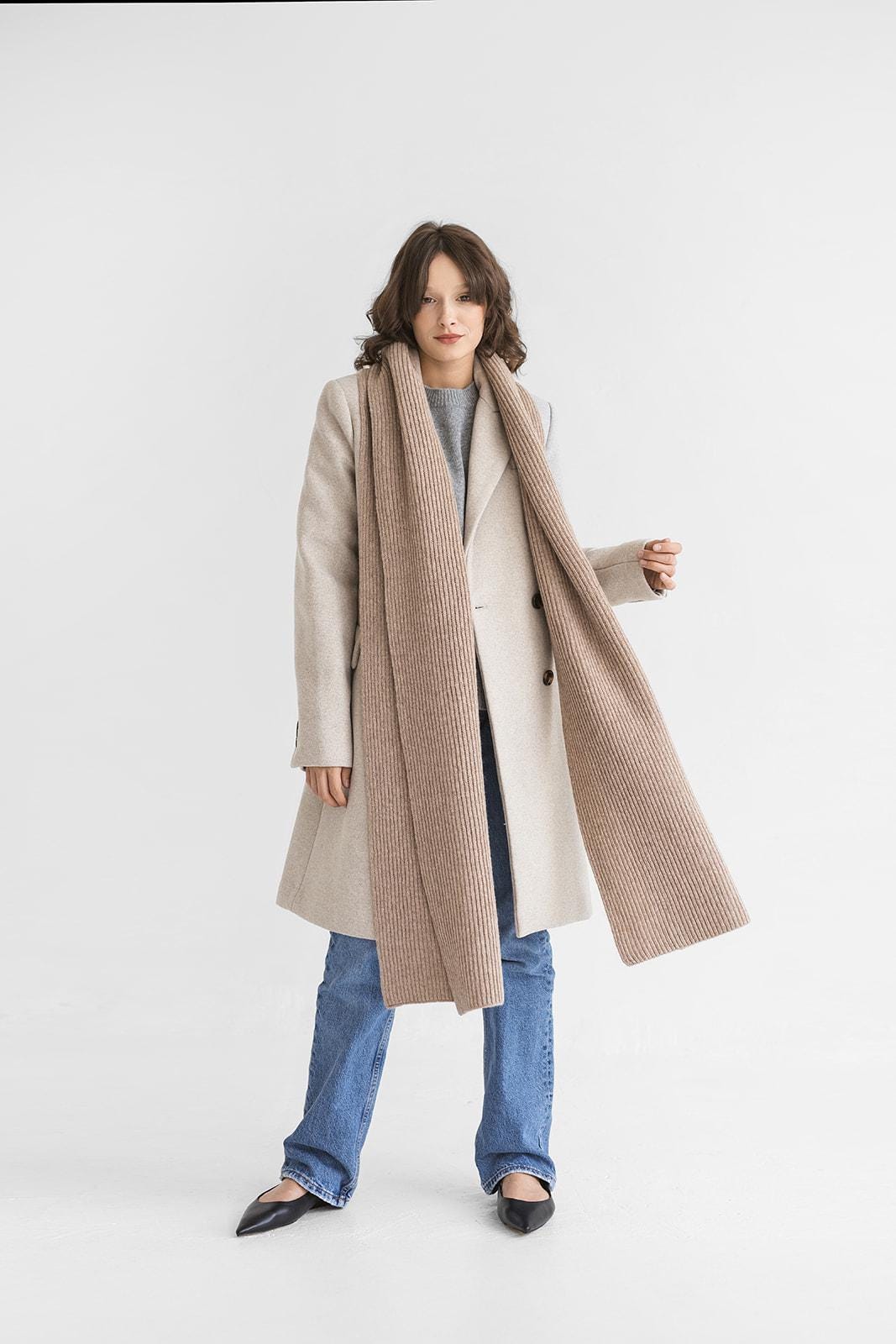 Beige Knitted Merino Wool And Cashmere XXL Scarf For Women, Camel Ribbed Knit Minimalist Fall Winter Shawl, Taupe Unisex Blanket Scarves