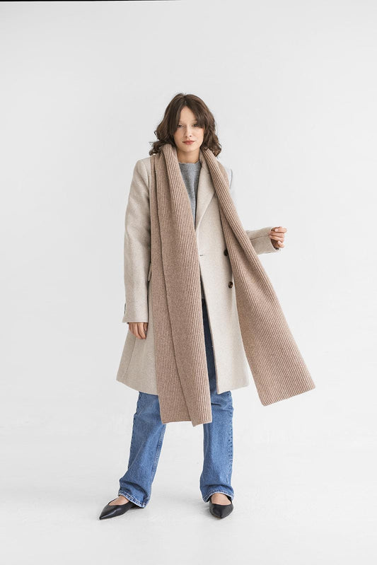 Beige Knitted Merino Wool And Cashmere XXL Scarf For Women, Camel Ribbed Knit Minimalist Fall Winter Shawl, Taupe Unisex Blanket Scarves