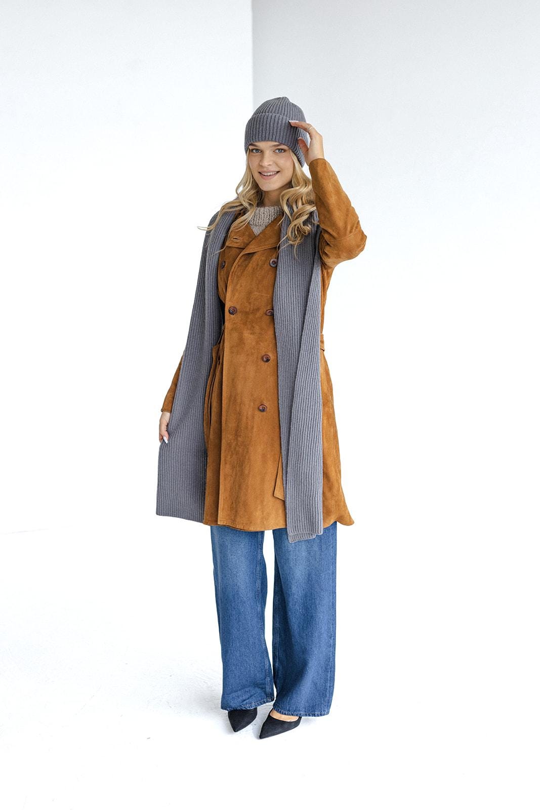 Navy blue extra long ribbed knit merino wool and cashmere scarf and hat set, royal blue knitted minimal fall neck warmer and beanie set gift