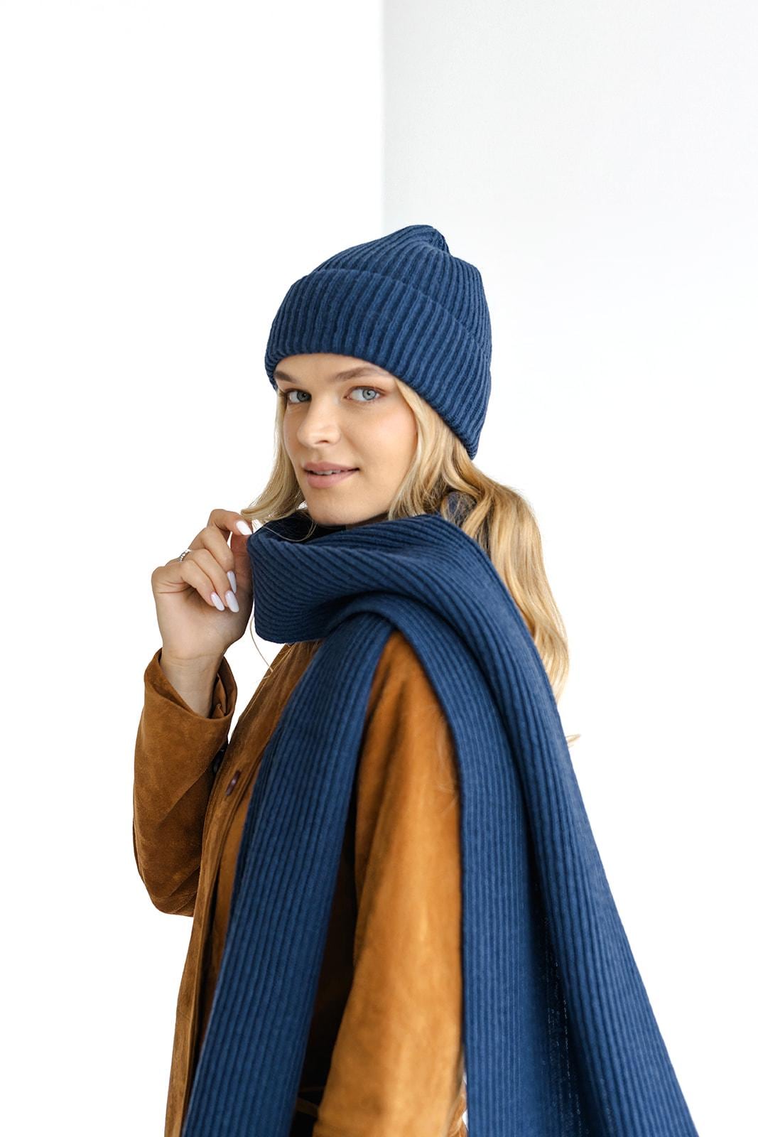 Navy blue extra long ribbed knit merino wool and cashmere scarf and hat set, royal blue knitted minimal fall neck warmer and beanie set gift