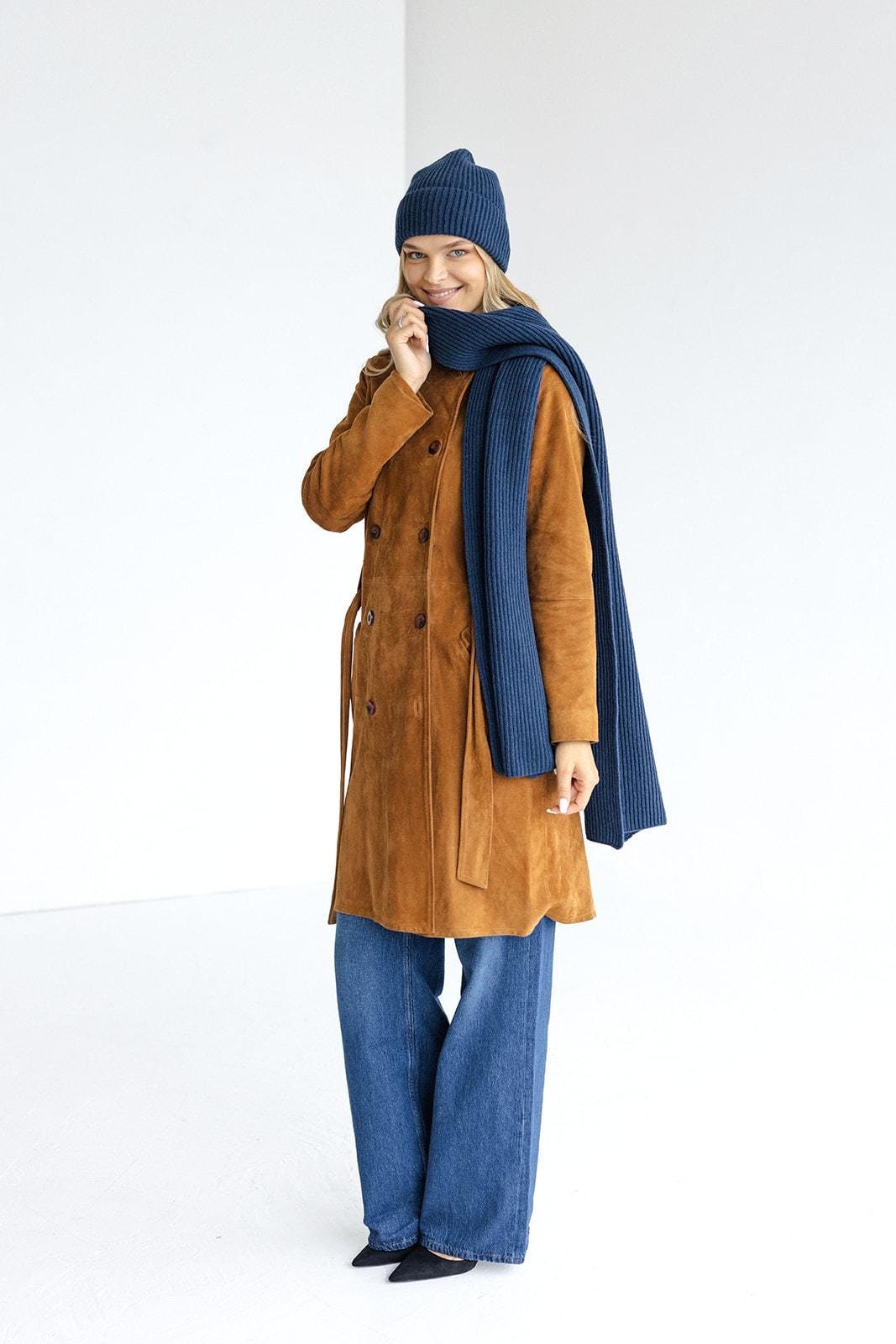 Navy blue extra long ribbed knit merino wool and cashmere scarf and hat set, royal blue knitted minimal fall neck warmer and beanie set gift