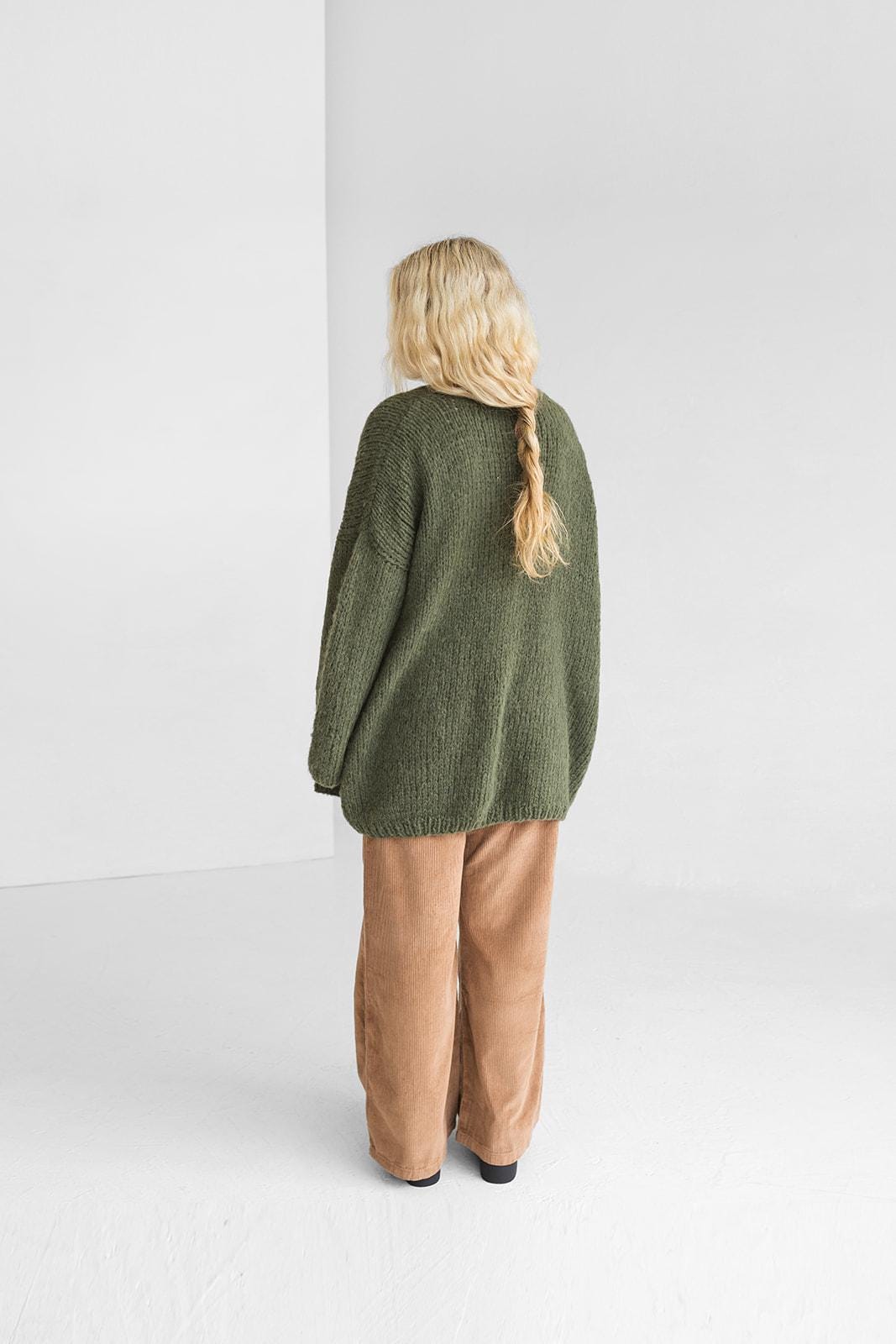 Green Handmade Alpaca Wool And Silk Cable Knit Cardigan With Buttons And Pockets, Chunky Knitted Loose Boho Sweater, Oversized Long Jacket