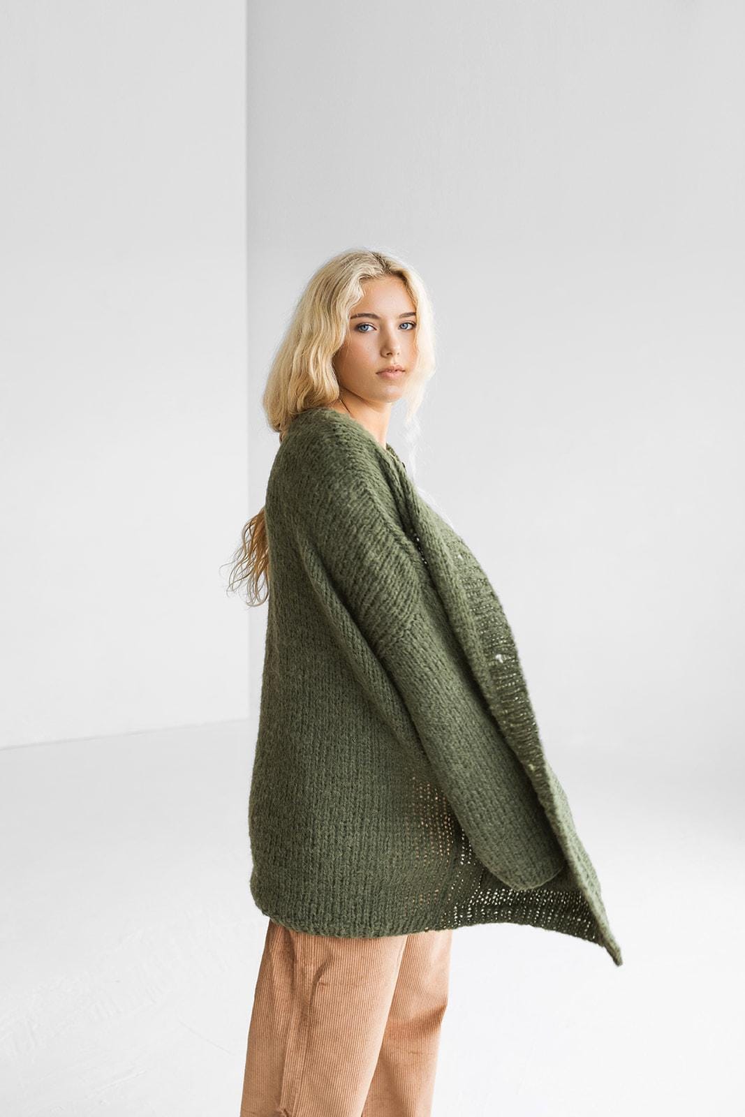 Green Handmade Alpaca Wool And Silk Cable Knit Cardigan With Buttons And Pockets, Chunky Knitted Loose Boho Sweater, Oversized Long Jacket