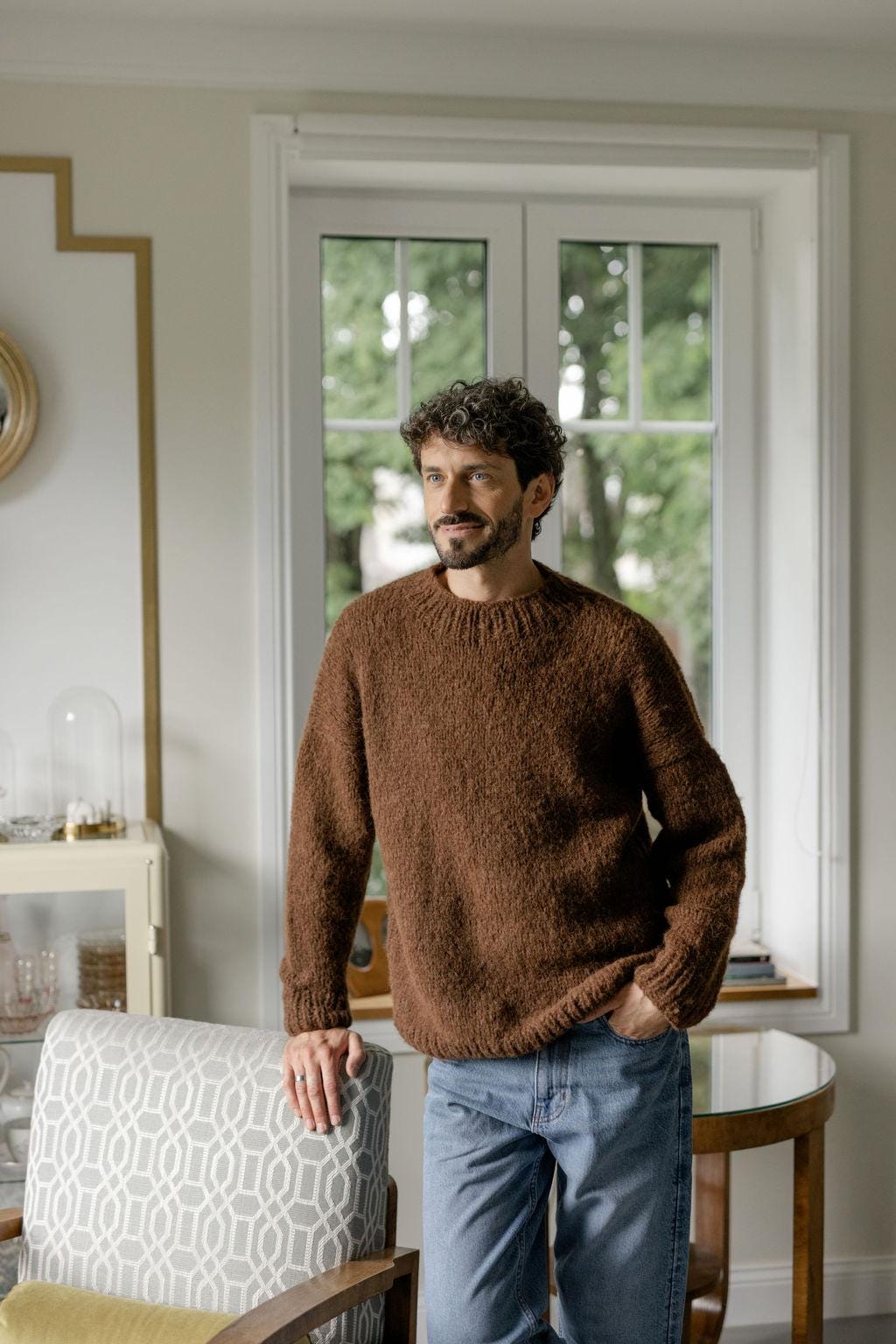 Chunky knit brown alpaca wool sweater for men, cable knitted woolen men's jumper, handmade thick winter minimalist pullover, gift for a man