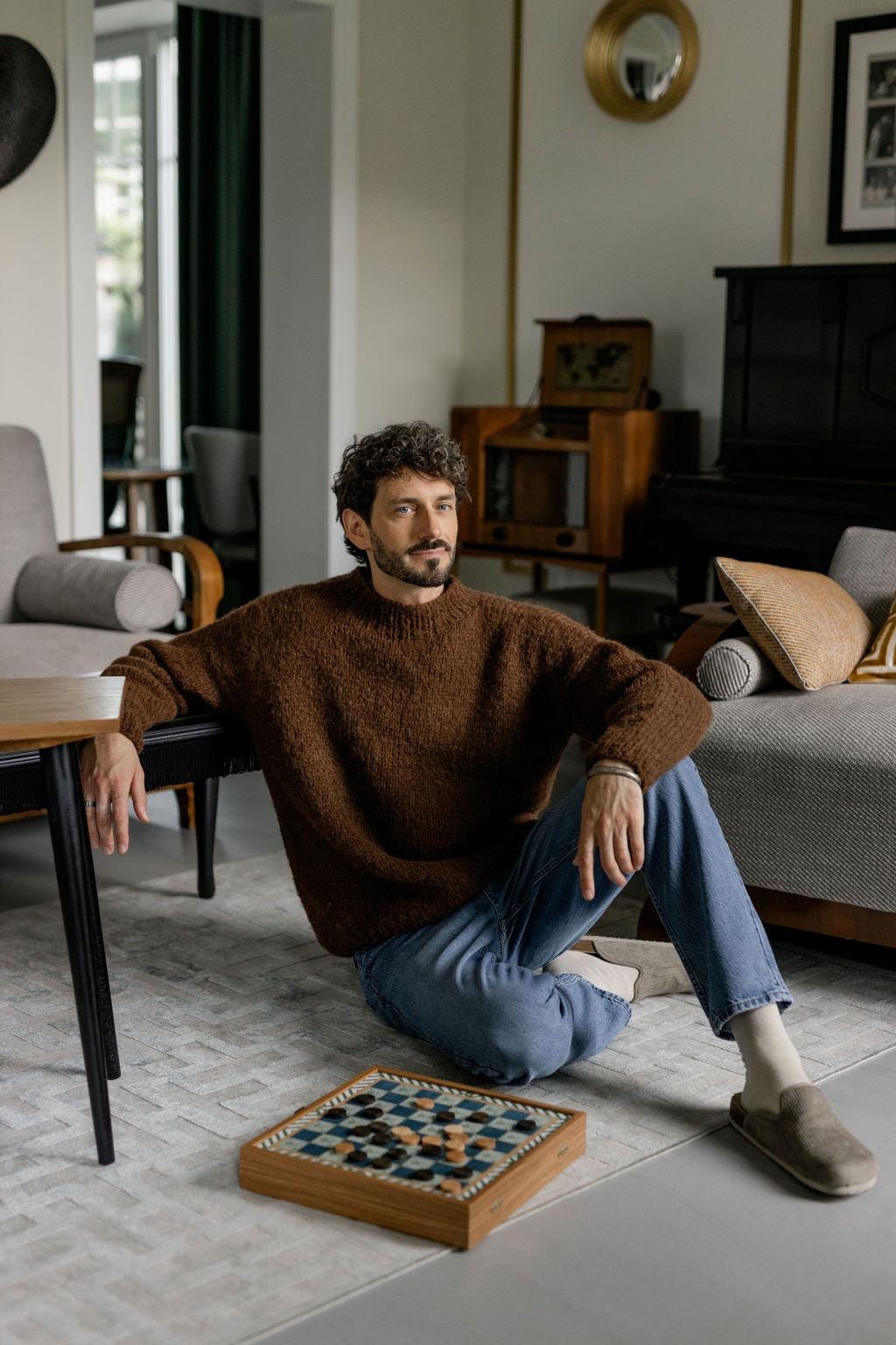 Chunky knit brown alpaca wool sweater for men, cable knitted woolen men's jumper, handmade thick winter minimalist pullover, gift for a man