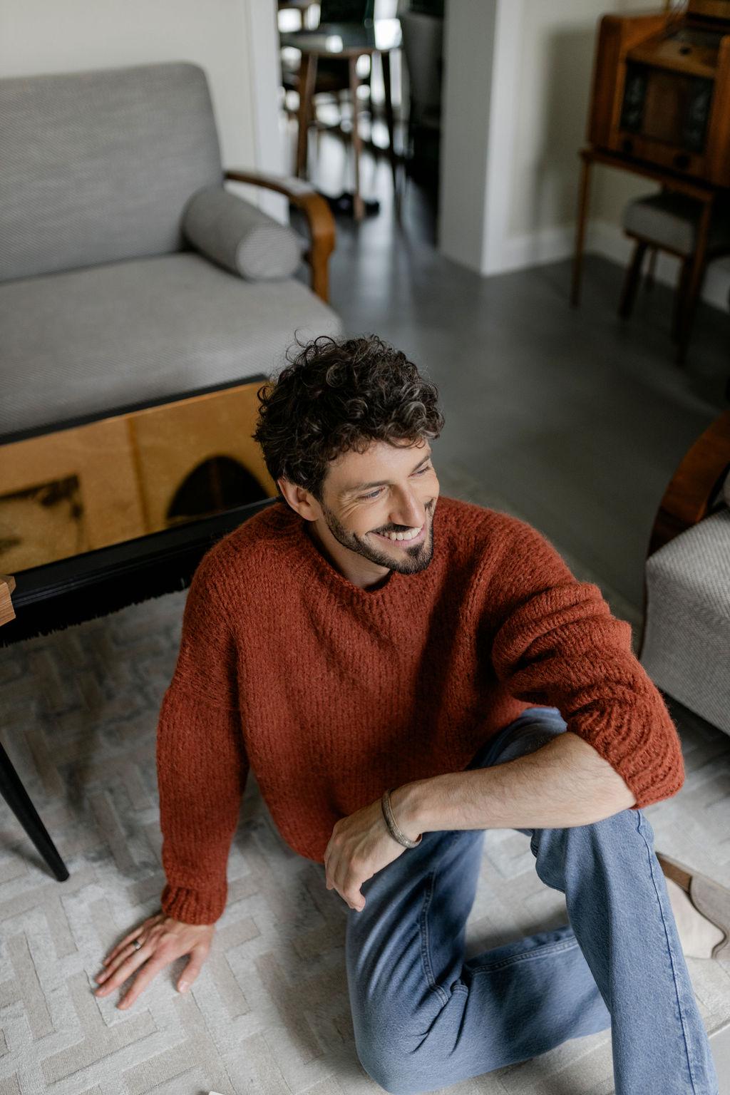 Rust Chunky Knitted Alpaca Wool And Silk Blend Handmade Sweater For Men, Thick And Soft Woolen Knit Winter Men's Jumper, Pullover Gift