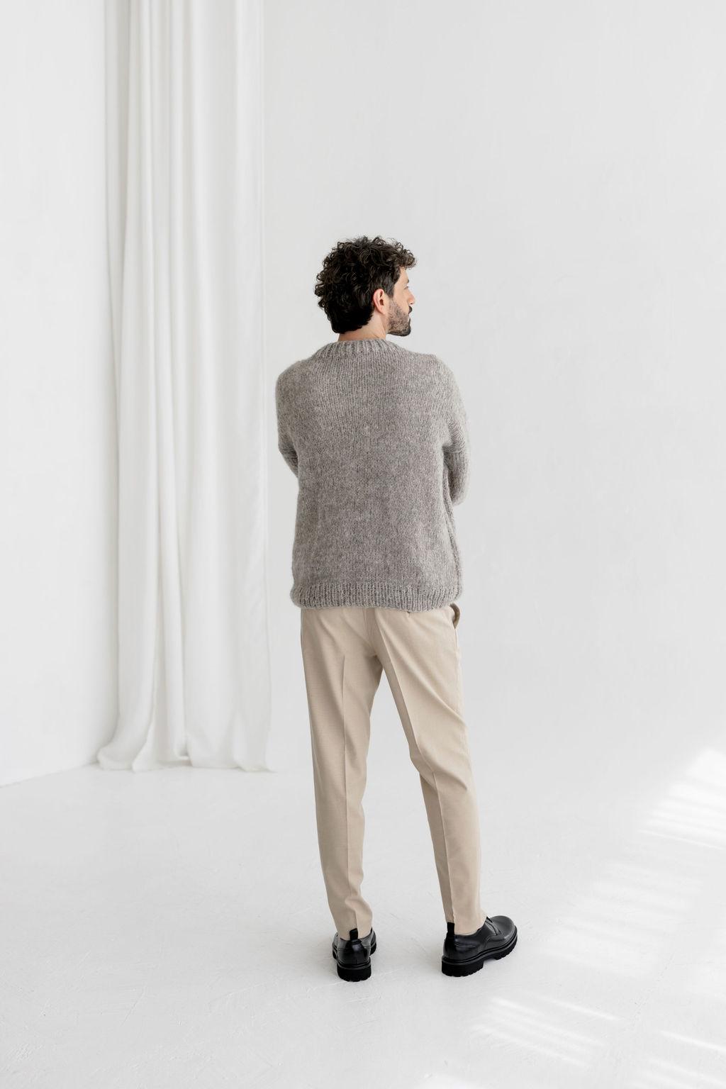 Chunky knit light gray alpaca wool sweater for men, grey cable knitted men's jumper, handmade thick winter minimalist pullover, gift for man