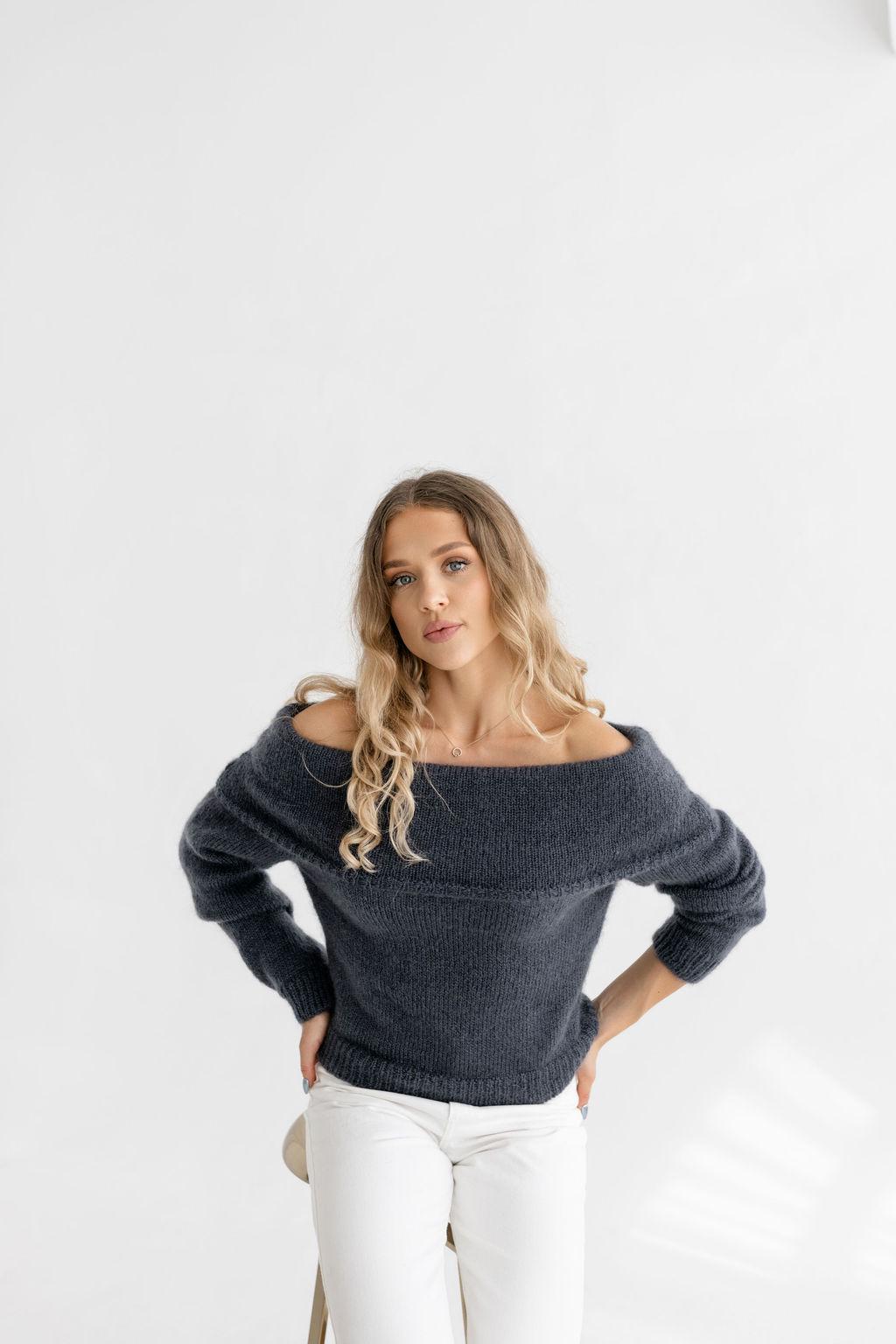 Gray Cable Knit Off-Shoulder Sweater – Slouchy Fold-Over Bardot Jumper, Fluffy Mohair Wool Pullover, Grey Chunky Fuzzy Knit for Women