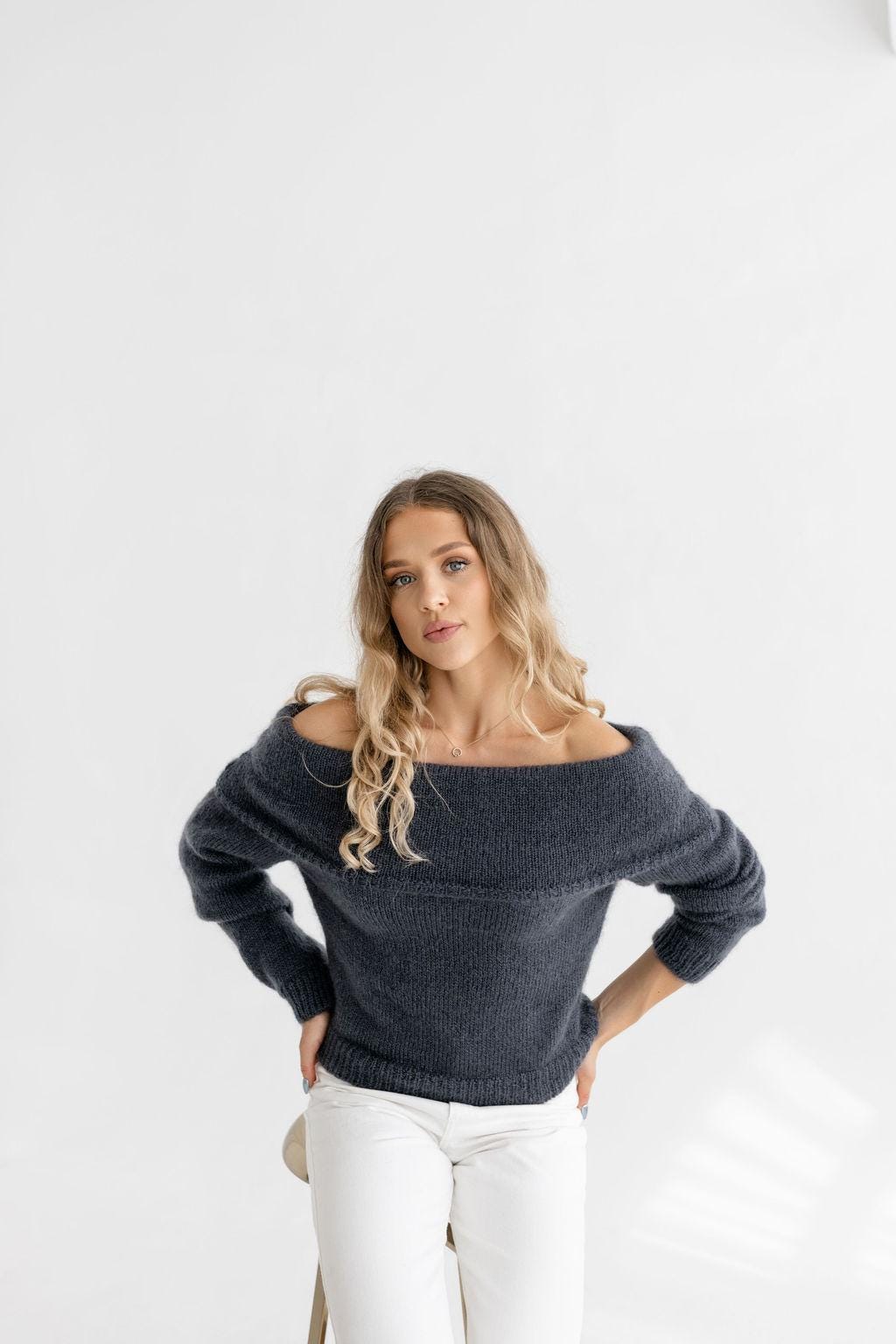 Gray Cable Knit Off-Shoulder Sweater – Slouchy Fold-Over Bardot Jumper, Fluffy Mohair Wool Pullover, Grey Chunky Fuzzy Knit for Women