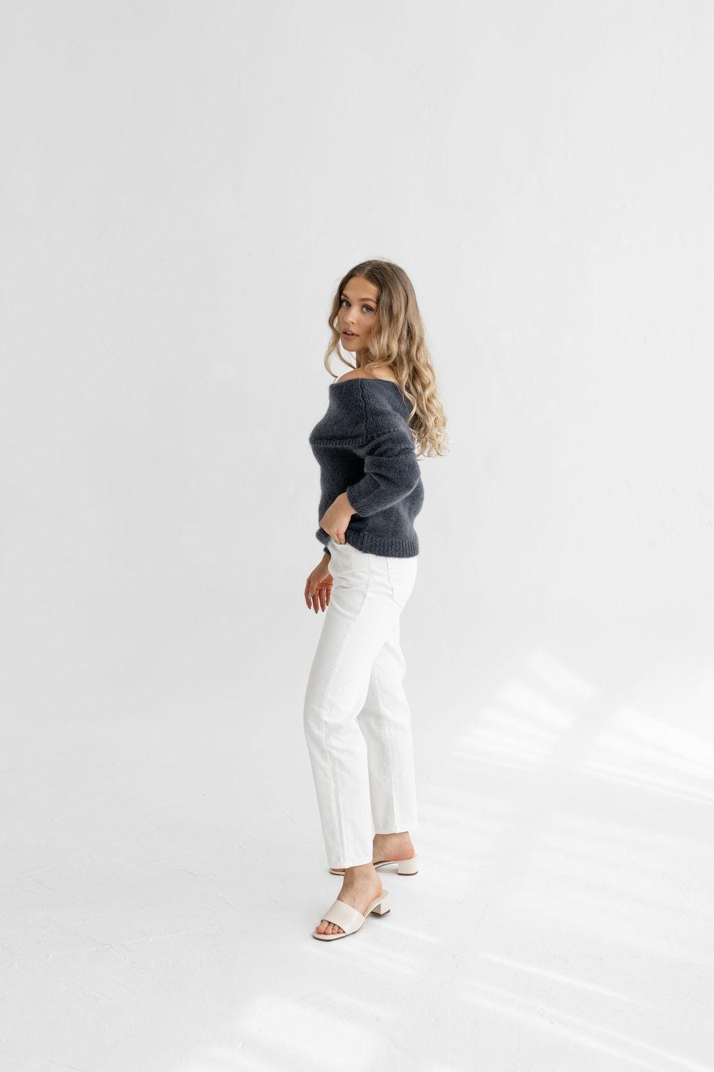 Gray Cable Knit Off-Shoulder Sweater – Slouchy Fold-Over Bardot Jumper, Fluffy Mohair Wool Pullover, Grey Chunky Fuzzy Knit for Women