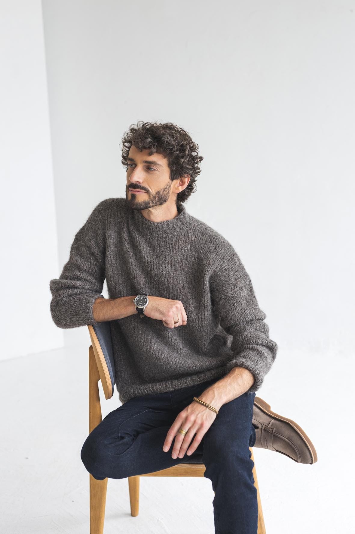 Chunky knit light gray alpaca wool sweater for men, grey cable knitted men's jumper, handmade thick winter minimalist pullover, gift for man