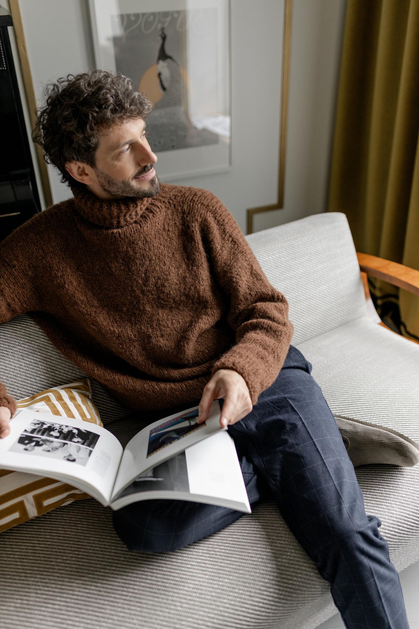 Chunky knit brown alpaca wool turtleneck sweater for men, cable knitted woolen men's polo neck jumper,handmade thick high roll-neck pullover