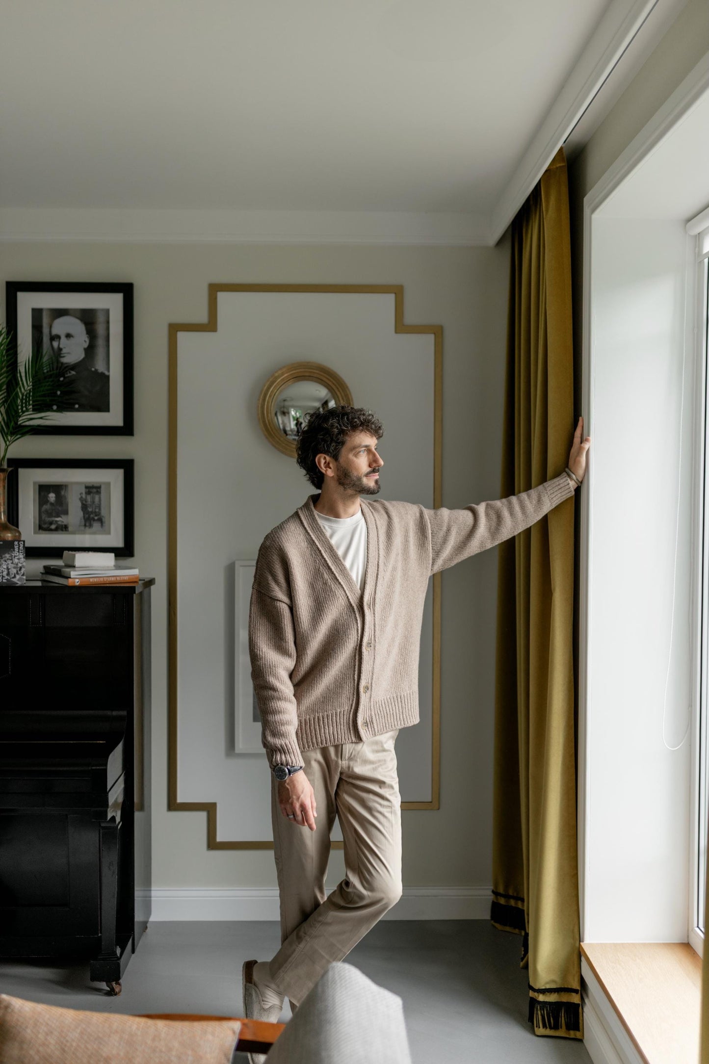 Beige Cgunky Knit Merino Wool Cardigan With Buttons And Pockets For Man, Camel Cable Knitted Scandinavian Style Men's Sweater, Gift For Him