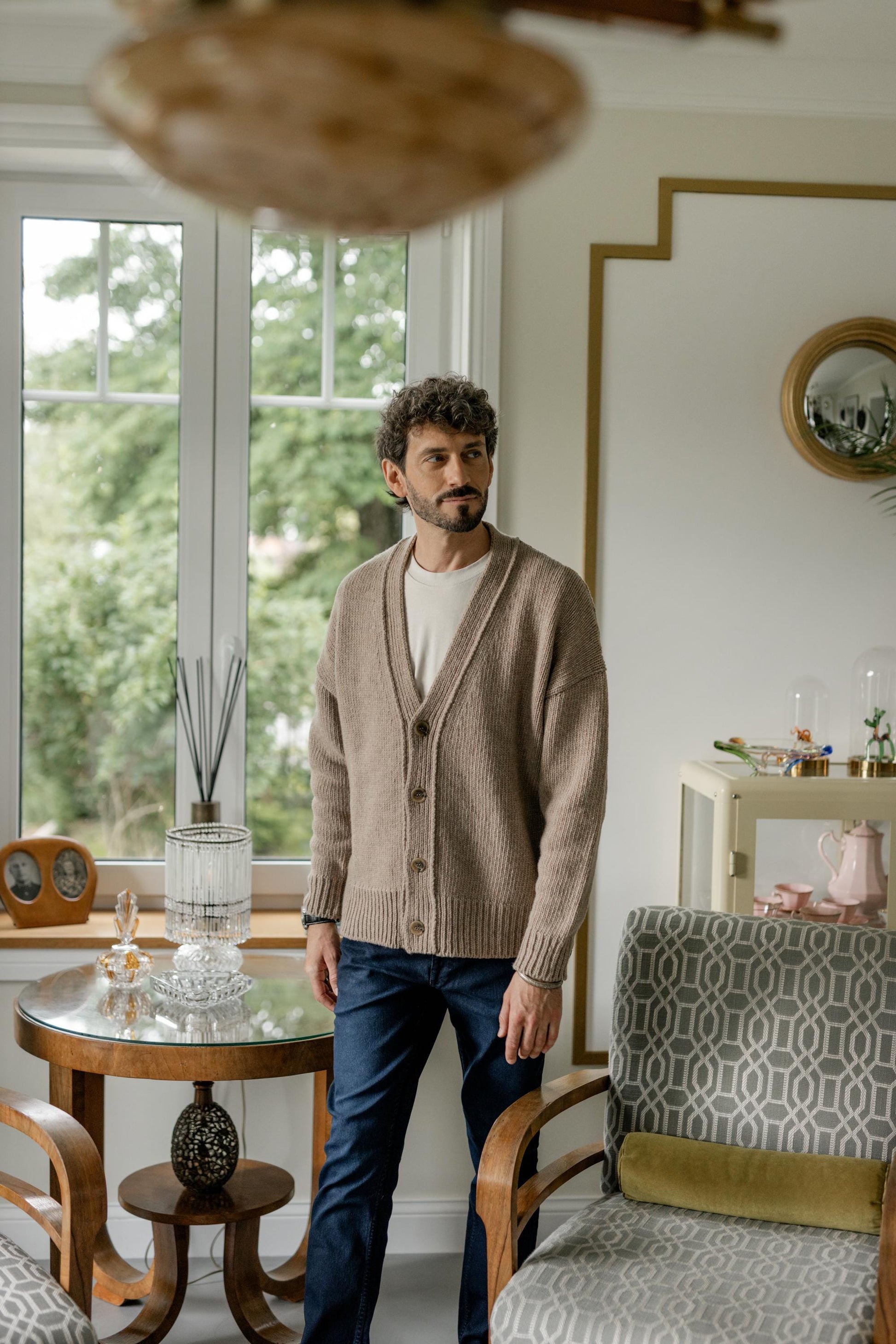 Beige Cgunky Knit Merino Wool Cardigan With Buttons And Pockets For Man, Camel Cable Knitted Scandinavian Style Men's Sweater, Gift For Him