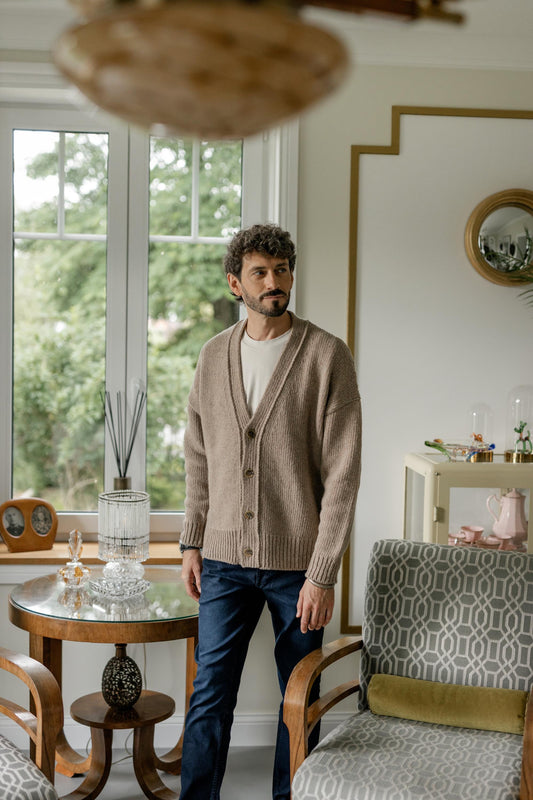Beige Cgunky Knit Merino Wool Cardigan With Buttons And Pockets For Man, Camel Cable Knitted Scandinavian Style Men's Sweater, Gift For Him