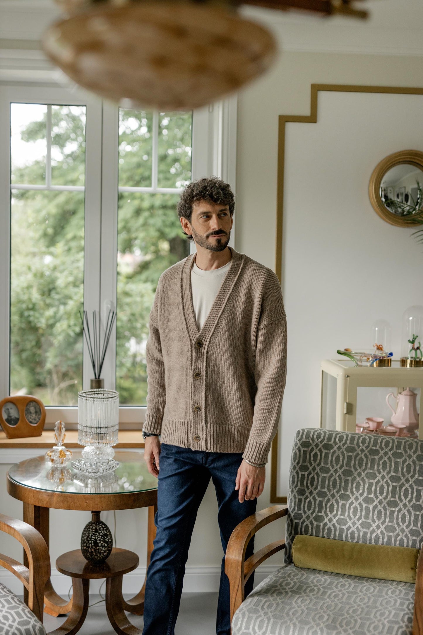 Beige Merino Wool Cardigan With Buttons And Pockets For Man