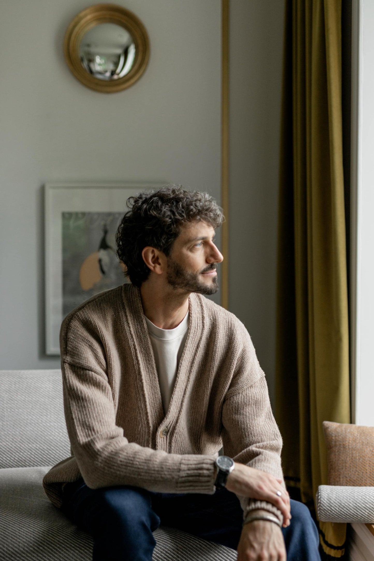 Beige Merino Wool Cardigan With Buttons And Pockets For Man