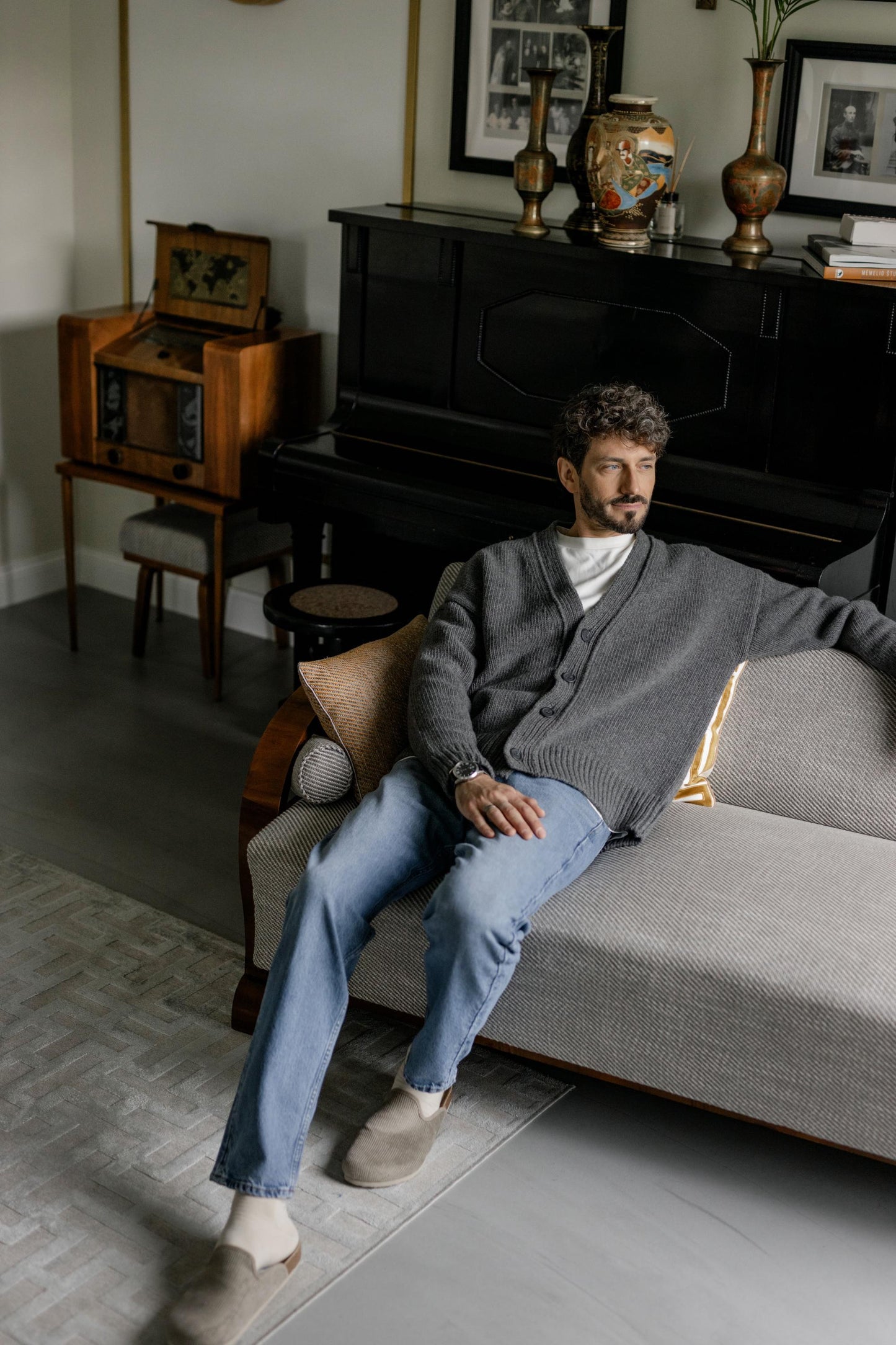 Gray Cgunky Knit Merino Wool Cardigan With Buttons And Pockets For Man, Grey Cable Knitted Scandinavian Style Men's Sweater, Gift For Him