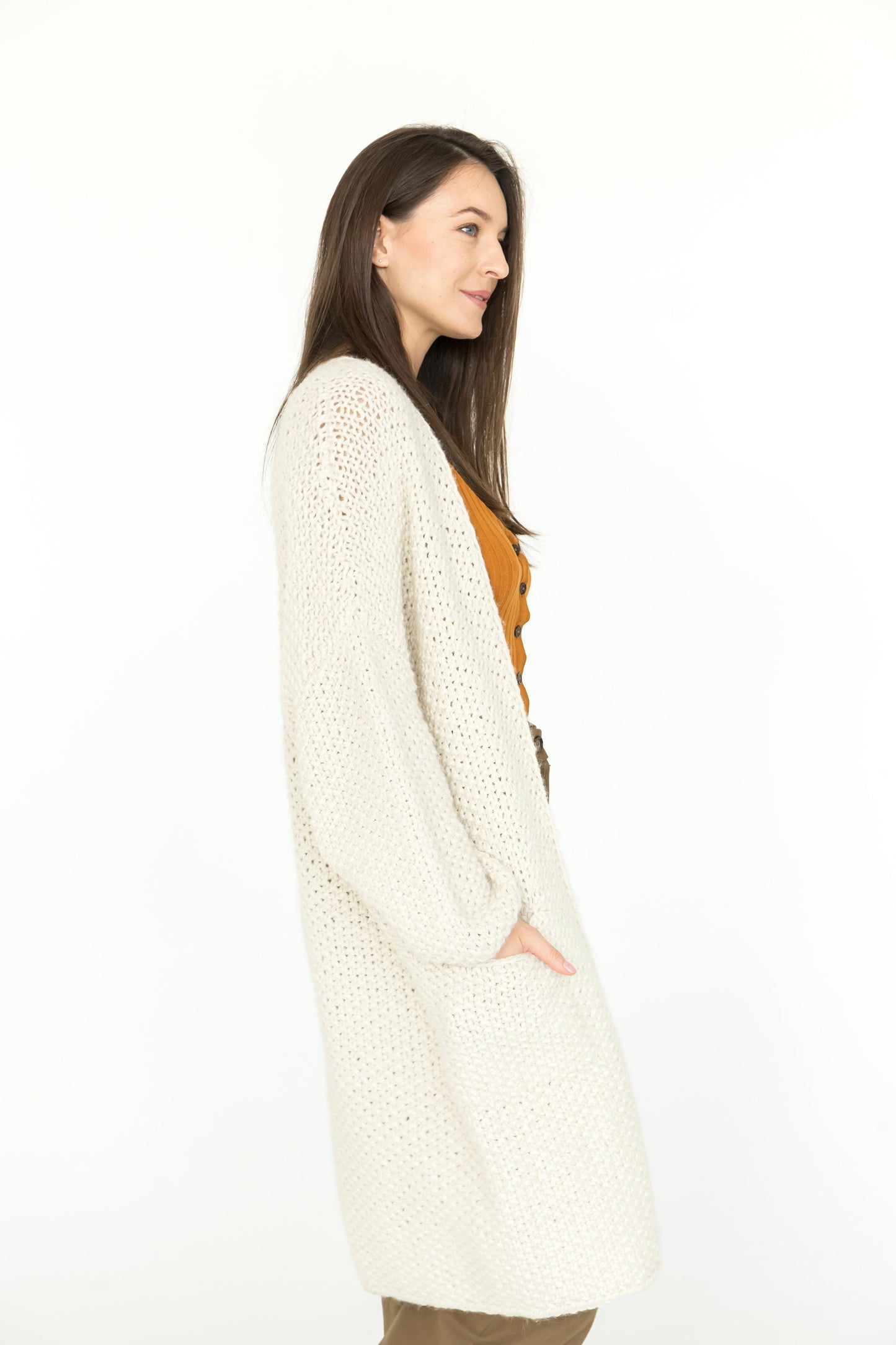 White Chunky Knit Long Cardigan With Deep Pockets, Oversized Ivory Alpaca Wool Sweater Coat, Cable Knitted Boho Cardigan With Wide Sleeves