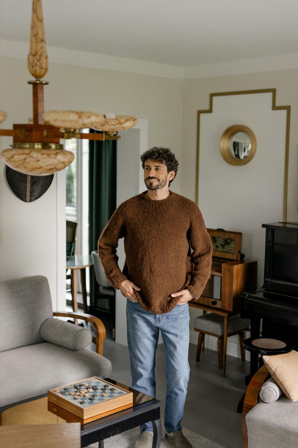 Chunky knit brown alpaca wool sweater for men, cable knitted woolen men's jumper, handmade thick winter minimalist pullover, gift for a man