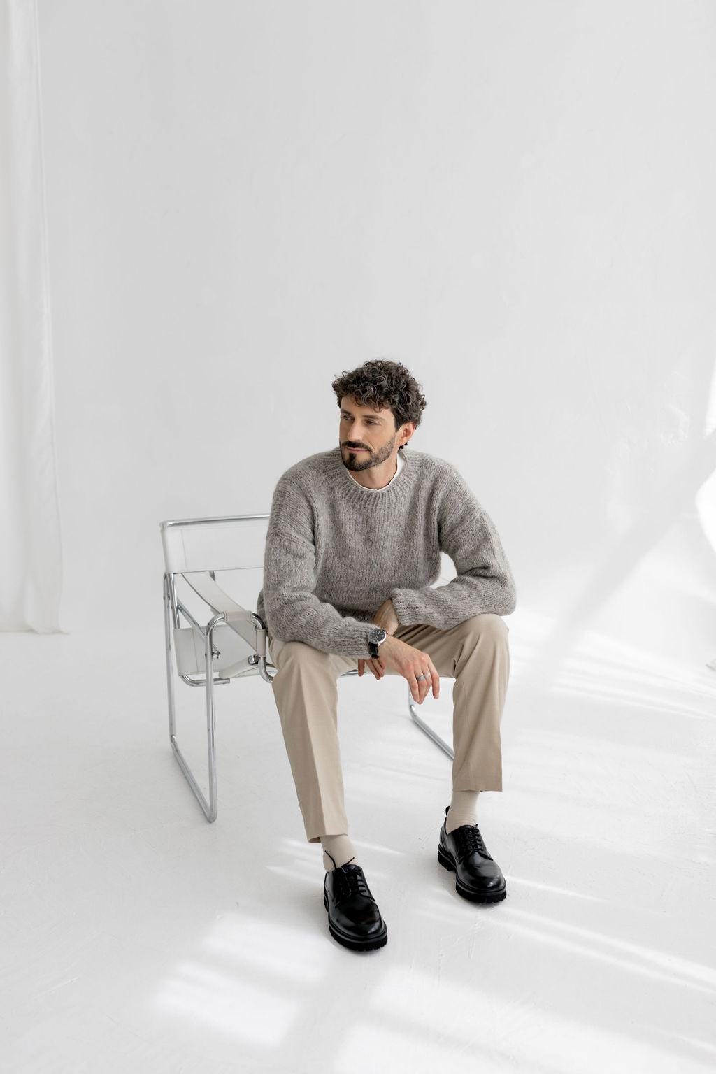 Chunky knit brown alpaca wool sweater for men, cable knitted woolen men's jumper, handmade thick winter minimalist pullover, gift for a man